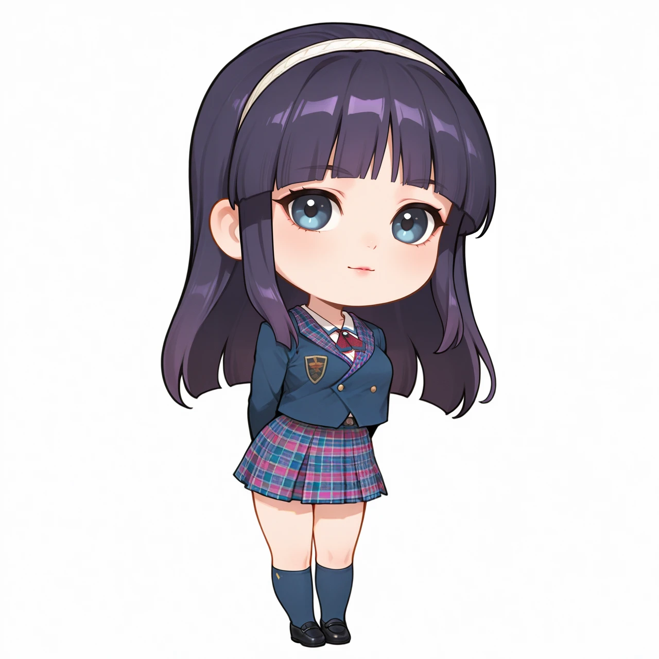 masterpiece,best quality,absurdres,1girl,solo,<lora:Rika_illust01_loha:0.9>,purple hair,long hair,hime cut,blue eyes,blunt bangs,hairband,school uniform,plaid skirt,plaid,blue kneehighs,black shoes,looking at viewer,,<lora:IriaStyleIllustriousV1:1> chibi, full body,white background,