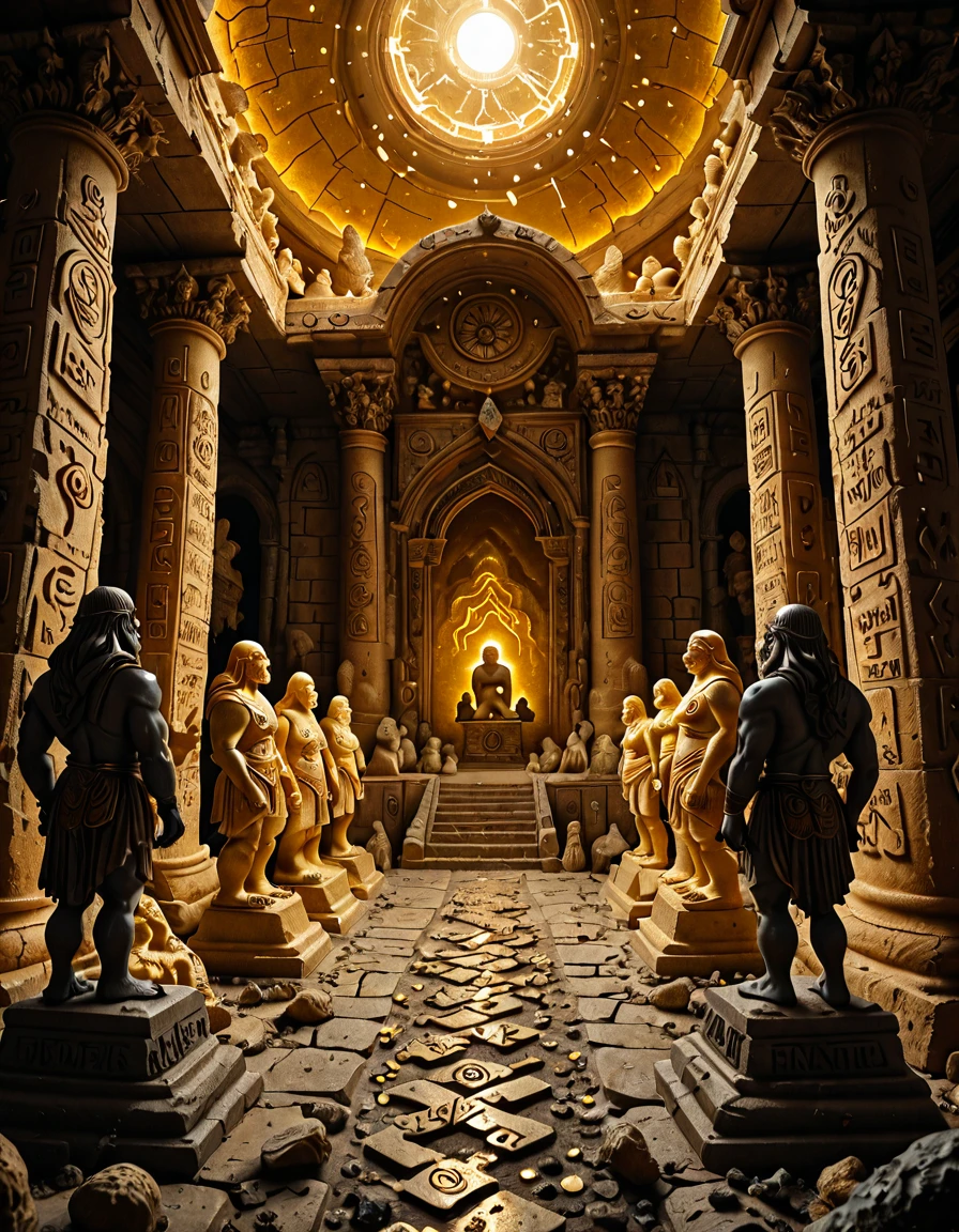 <lora:MW_Dwarven_betaill:1> dwarven temple, runes on walls, giant stone statues, golden light, mystical atmosphere