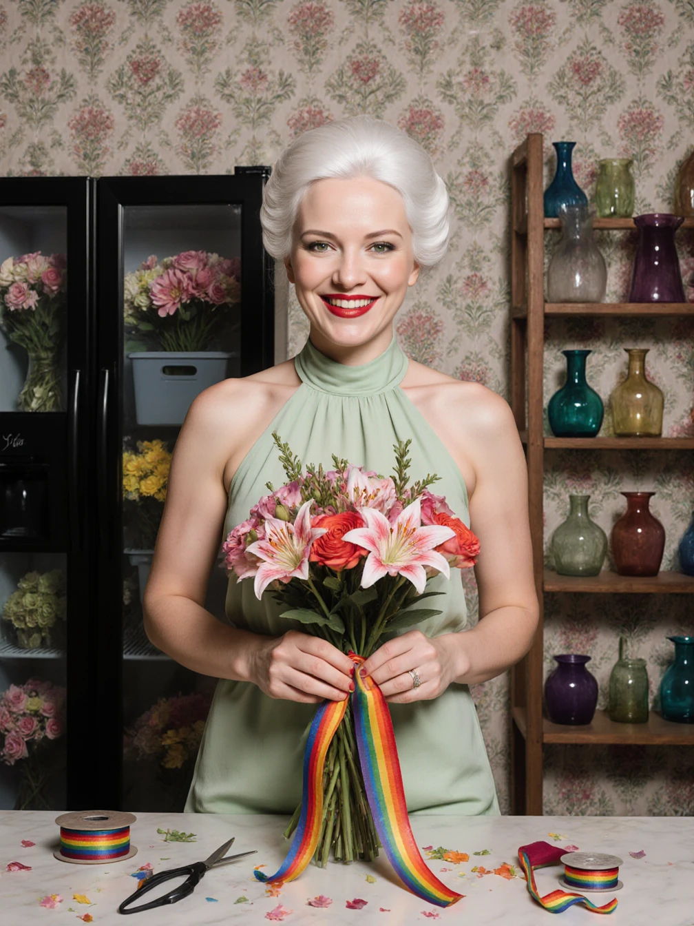 Shelley has white coiffed hair, a narrow jaw, light green eyes, and a small chest. She is wearing red lipstick and a sleeveless flowy light green halter shirt with bare arms. She is standing at a table cluttered with a spool of rainbow ribbon and a pair of scissors. She is tying a rainbow ribbon around a bouquet of colored lilies. She is grinning. Behind her is a black double fridge with glass doors full of a variety of flowers in storage bins beside a floor to ceiling wooden storage shelf with a variety of colored glass vases. The wall is covered with Victorian patterned wallpaper.