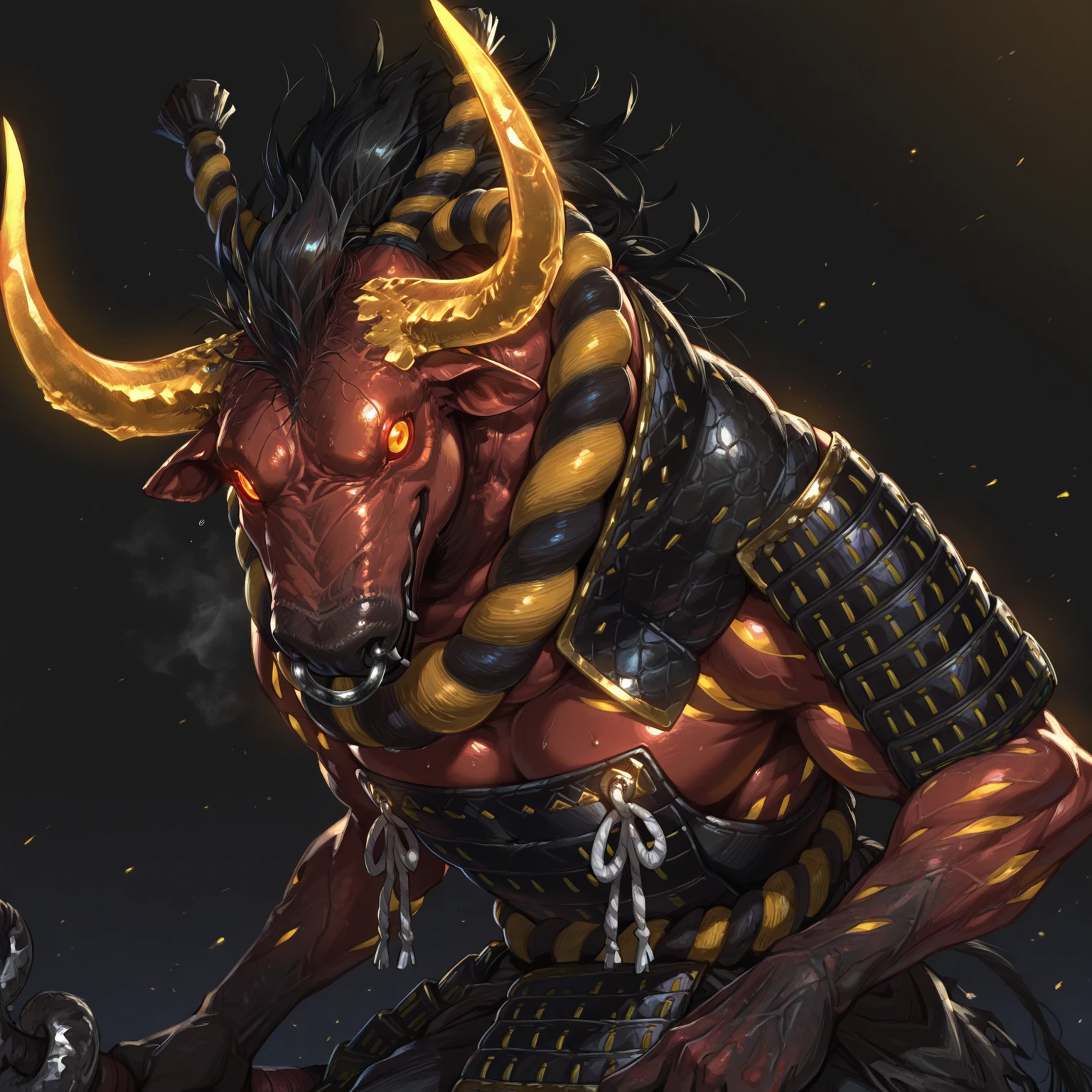 masterpiece, best quality, perfect quality, absurdres, newest, very aesthetic, very awa, 1boy, GozukiNIOH, bull, golden horns, furry male, undead, demon, solo, black hair, nose ring, red skin, yellow body pattern, monster, glowing red eyes, rope necklace, fangs, Japanese armor, glowing red eyes <lora:NOOB_vp1_detailer_by_volnovik_v1:.9> <lora:Gozuki_-_Nioh_2:1>