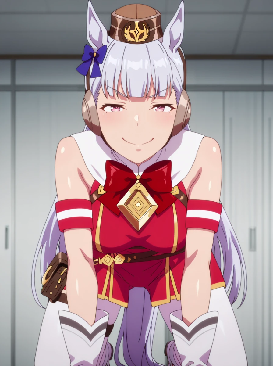 masterpiece, best quality, amazing quality, very aesthetic, absurdres, newest, anime screenshot, anime coloring shiny skin, <lora:Goldshipanime:1>horse ears, long hair, animal ears, horse girl, 1girl, solo, bangs, goldshipracing, tail, horse tail, gloves, smile, , from side all fours smug,