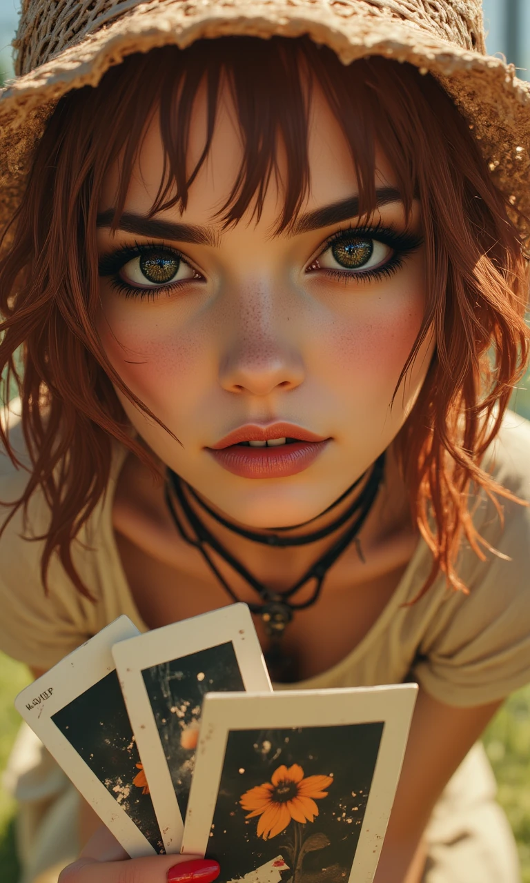 LookDaal,
retro vaporwave aesthetic, close-up with strong depth-of-field blur ,adult cyberpunk woman, oblong (rectangular), obsidian-black eyes, reflective sheen, large eyes, straight brows, deep brown skin with luminous highlights, bold eyeliner, red hair, messy bun with loose strands, compassionate warmth, gentle smile, eyes narrowed in concentration, leaning forward with elbows on knees, high-key, clean even lighting, grassy hill with lone oak tree, flowing cream-colored dress, woven straw hat with ribbon, fanning a stack of instant photos, muted earth tones with a single red accent,