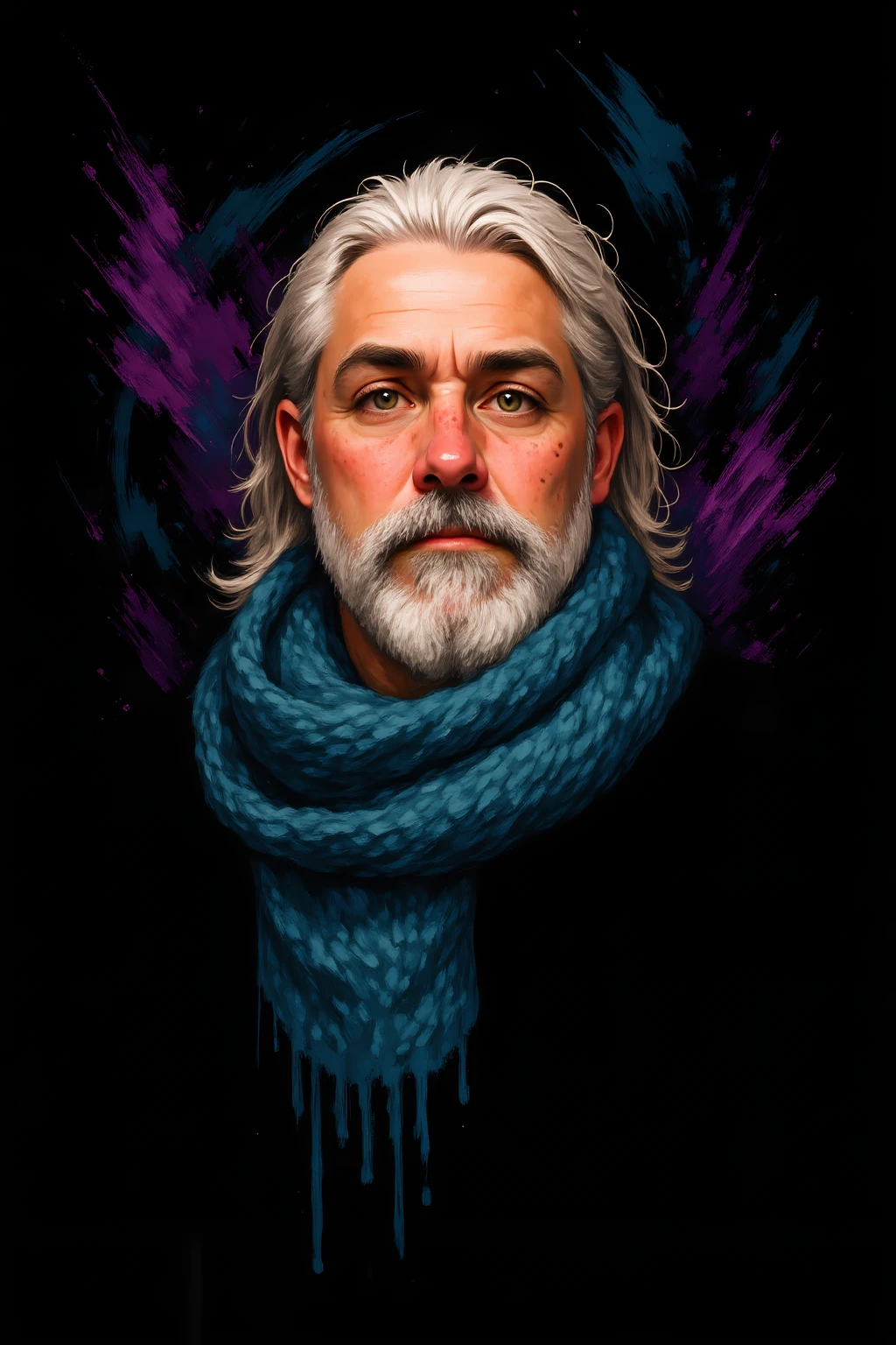 A heavily bearded man with albinism — white lashes, pinkish eyes, and warm undertones in his freckled skin. His hair is long, loosely tied back, and he wears a faded indigo scarf. A single brushstroke of violet tears across the black background, with swirling teal and white marks creating a smoky aura around his head.
Style: high-contrast digital brushwork, elegant texture flow, raw realism
Background: solid black with ethereal color trails


PaintStorm-Mk.1