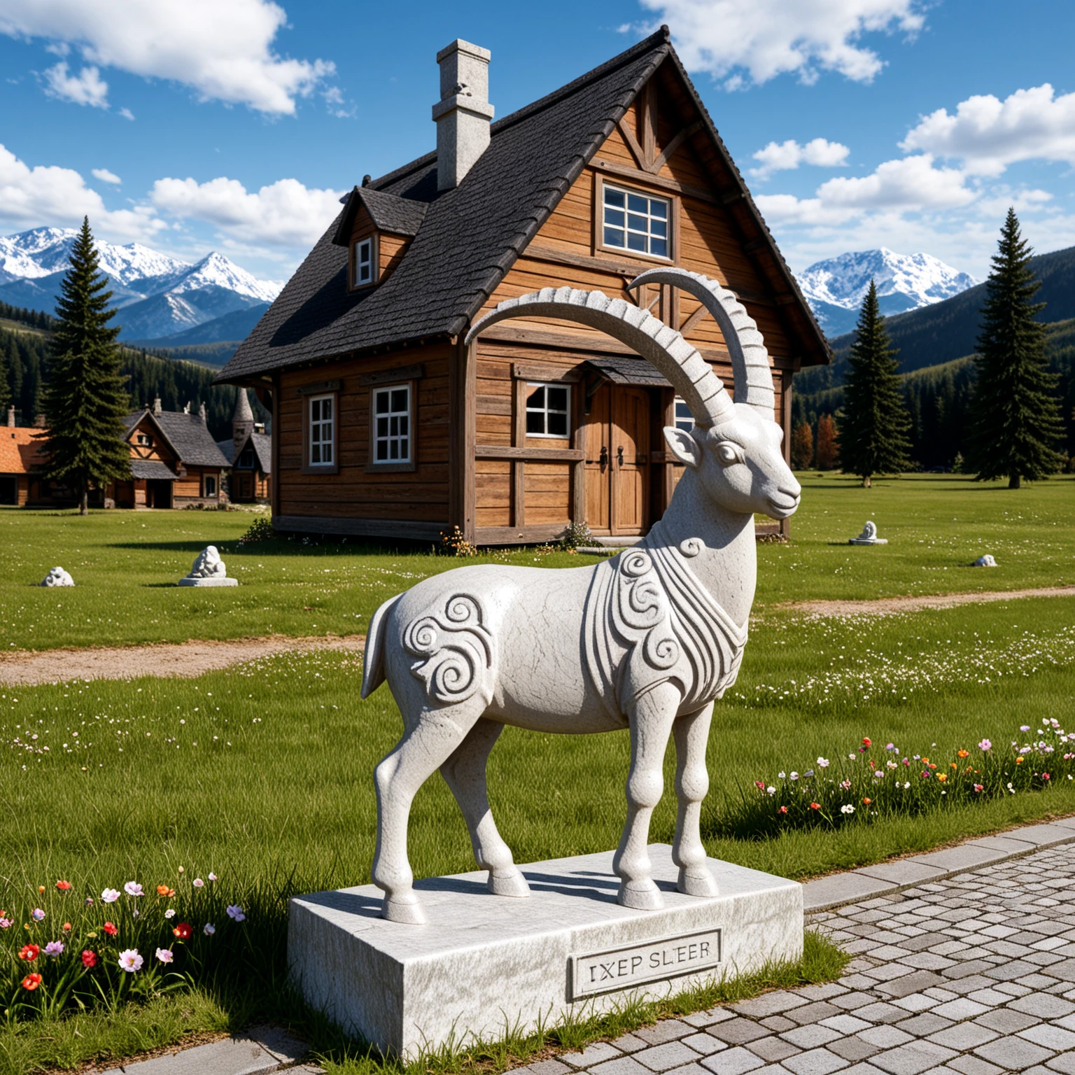 best quality, masterpiece, (realistic, photo-realism),ibex goat, outdoors, no humans, sky, tree, scenery, day, grass, building, cloud, blue sky, road, text, (sculpture, marble sculpture:1.2), feral, flower, mountains, German, Alps, pavement clobber stone, Wooden house, medieval, animal sculpture <lora:CapraIbexNoobEPS1-1:1>