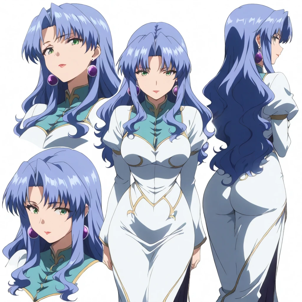masterpiece,high score,great score,absurdres,anime coloring,looking at viewer,solo,<lora:character_Sheet_XL:0.5> character sheet, multiple views, white background,<lora:Freya_ss ag4o:1> freyass, blue hair, long hair, green eyes, lipstick, earrings,dress,