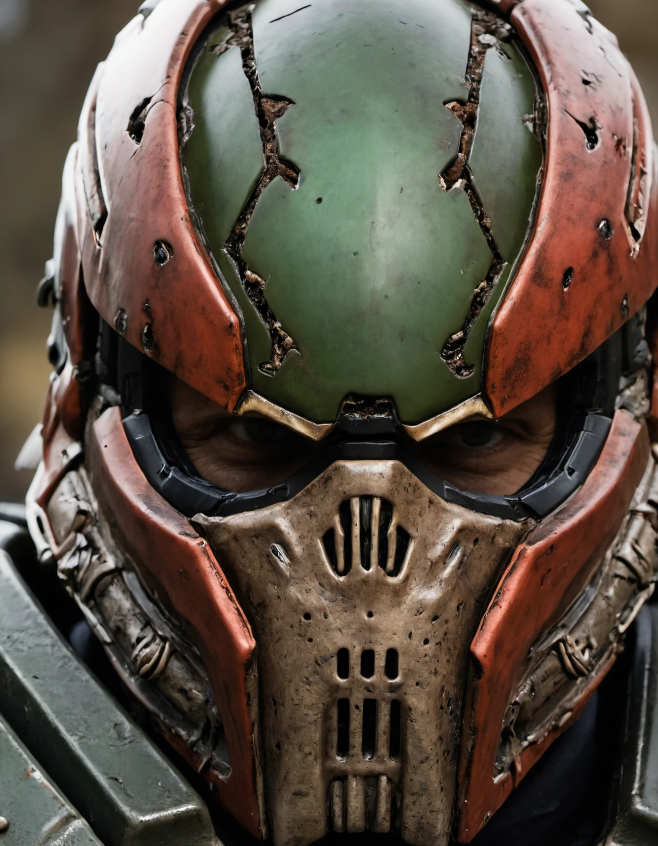 extreme close up on the helmet of the doom slayer, broken doom slayer helmet, photorealistic, doom slayer, doom eternal, raging face of the doom slayer