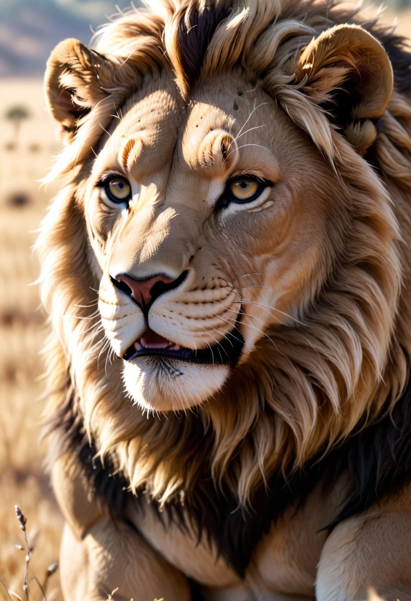 masterpiece, best quality, newest, highres, absurdres, depth of field, focused subject, sfw,
lion,
savanna,