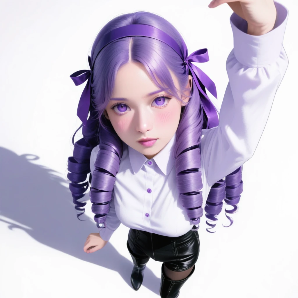 r0b1n_r34l_v1, 1girl, solo, drill hair, purple hair, long hair, purple eyes, breasts, shorts, high-waist shorts, shirt, hairband, pantyhose, ribbon, looking at viewer, black shorts, hair ribbon, purple ribbon, white background, long sleeves, thigh boots, simple background, from above, black footwear, foreshortening, blush, standing, parted bangs, thighhighs, boots, closed mouth, medium breasts, arm up, selfie, white shirt, shadow, collared shirt, full body