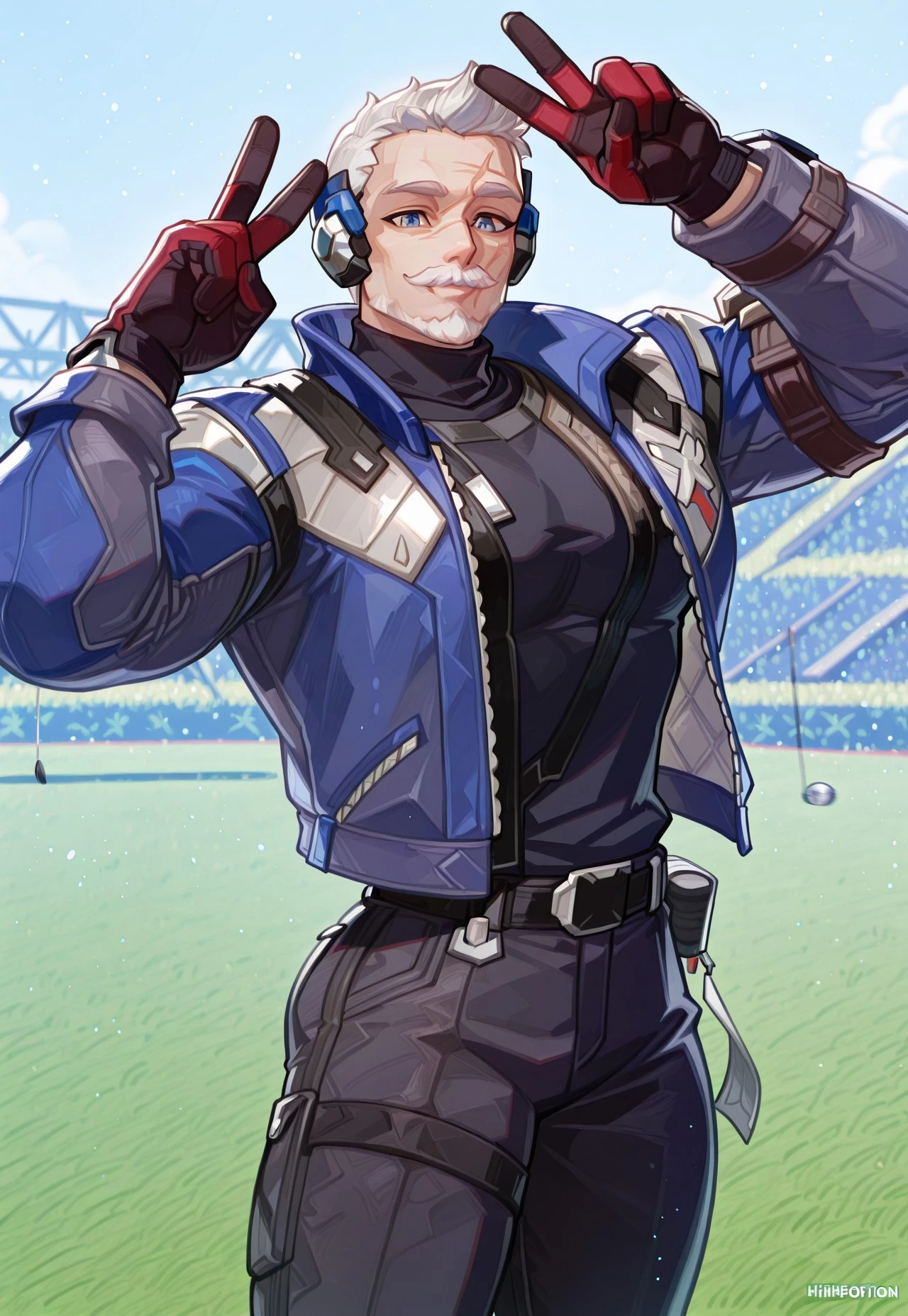 2d, animification, style \(genshin impact\), (1boy, soldier: 76 \(overwatch 2\), new76, light skin, very short hair, white hair, sideburns, quiff, beard, mustache, scar on face, scar on mouth, blue eyes, ear guard), (masculine, muscular, bara, himbofication, broad shoulders, big arms, large pectorals, small waist, v-taper, thick thighs, curvy body, (jacket, black shirt, turtleneck, black pant, open jacket, gloves), looking at viewer, golf, v, happy, very awa, masterpiece, best quality, absurdres, detailed background, newest, perfect quality, intricate details