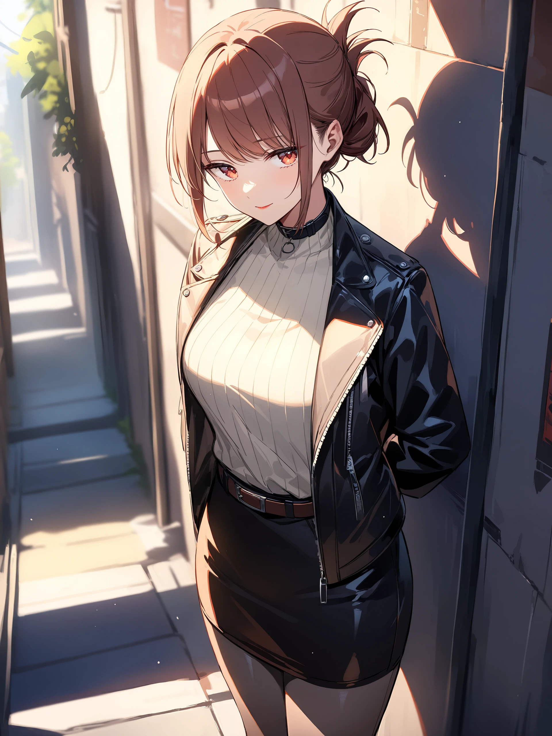 illustration, incredibly absurdres, ultra detailed, masterpiece, best quality, perfect features, intricate details, ray tracing, very aesthetic, (ask \(askzy\), hiten \(hitenkei\):0.6), <lora:Char-SuperNoUraDeYaniSuuFutari-Yamada-V1-XL:0.9:hr=0.6>, 1girl, yamada, solo, lipstick, folded ponytail, belt collar, turtleneck sweater, belt, leather jacket, oversized jacket, pencil skirt, grey pantyhose, ankle boots, standing, full body, leaning back, against wall, looking at viewer, light smile, alley, outdoors, depth of field