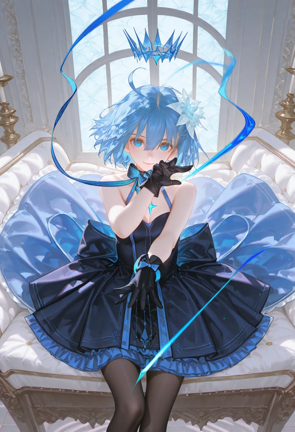 very awa,very aesthetic,masterpiece,huge filesize,best quality,newest,[[4 fingers]],4toes,
highres,[[[artist:wlop]]],[artist:ask(askzy)],(tianliang duohe fangdongye:0.5),(fkey:0.5),(quasarcake:0.8),[[artist:ciloranko]],[[wanke]],
((solo:1.5)),1girl,<lora:Age-V2:2>,
photorealistic,photo background,
<lora:starciel (1):1>,starciel,blue hair,short hair,ahoge,hair between eyes,blue eyes,bare shoulders,blue dress,black dress,sleeveless dress,clothing cutout,headwear,cleavage cutout,frills,black gloves,gloves,black pantyhose,choker,hair flower,blue bow,bow,ribbon,
front view,from_above,cowboy_shot,(looking_at_viewer:1.2),dynamic pose,smile,sitting,