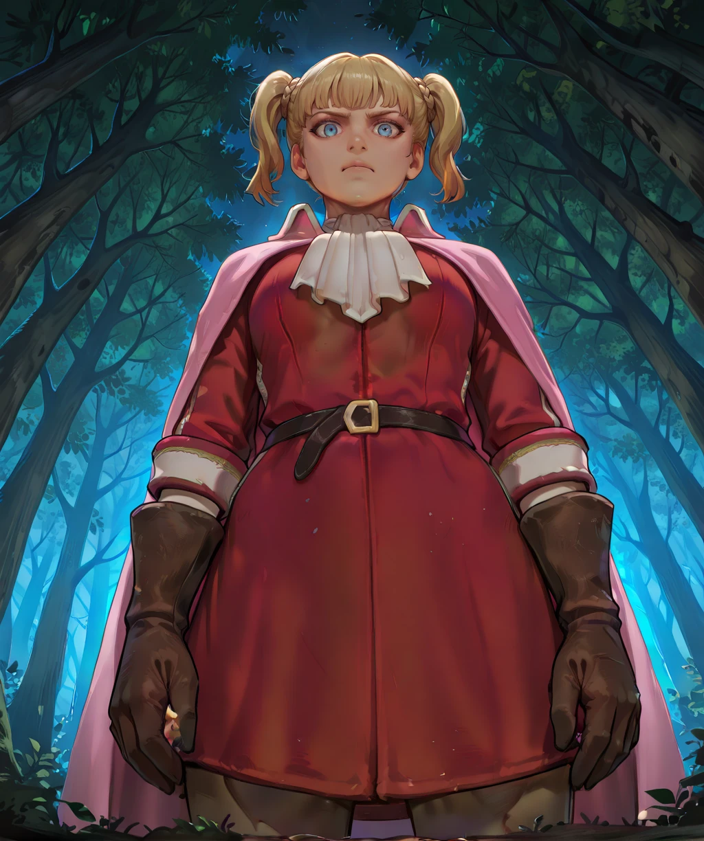 farnesexl, blue eyes, blonde hair, twintails,
ascot, red dress, serious, from below,
standing, distress, pink cape,
forest, floral, belt, brown gloves, white trim, night, looking at viewer,
clear composition, ambient occlusion, Soft lighting, detailed landscape,
(insanely detailed, masterpiece, best quality,), <lora:farneseXL:1>