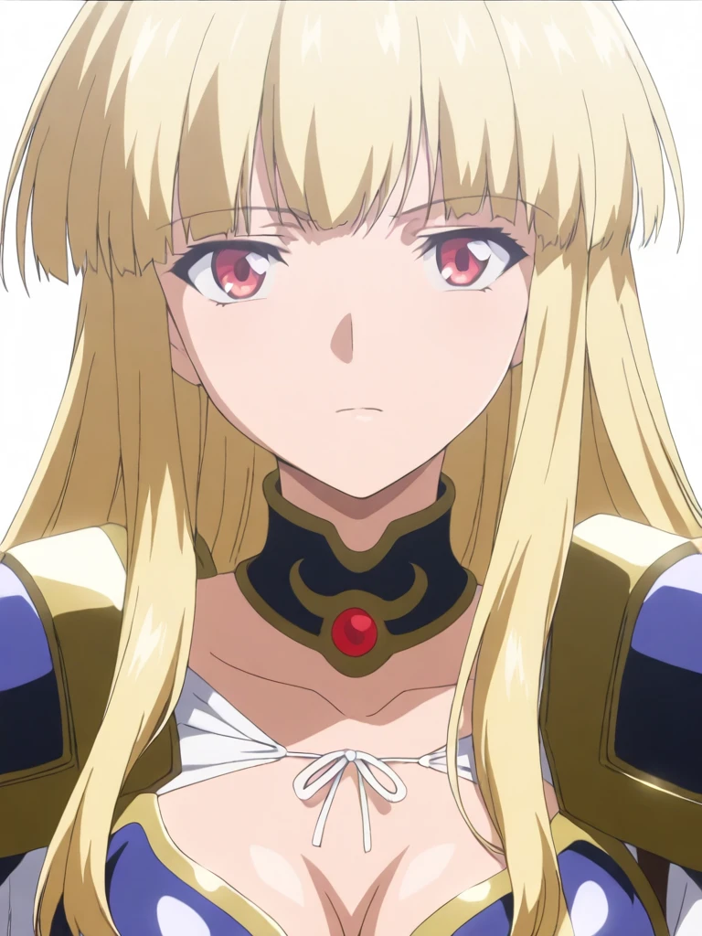 masterpiece,high score,great score,absurdres,anime coloring,looking at viewer,solo,portrait,white background,<lora:Valkyrie_ss ag4o:1> valkyriess, blonde hair, long hair, red eyes,no helmet,armor,cleavage,
