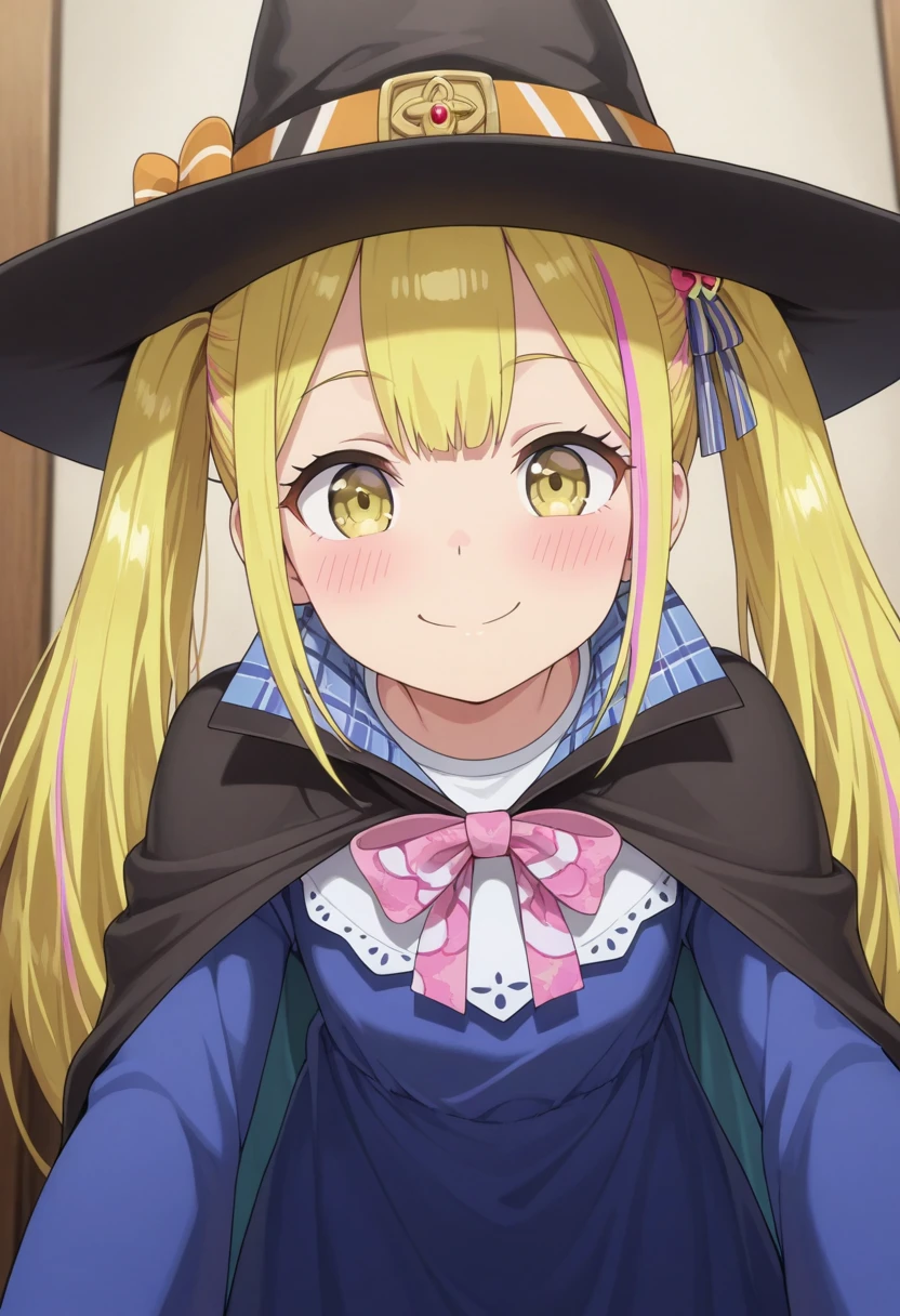 masterpiece,best quality,amazing quality, sara da odin, pink-blonde hair, long hair, yellow eyes, 1girl, hat, witch hat, solo, smile, cape, twintails, looking at viewer, blush, bow, dress