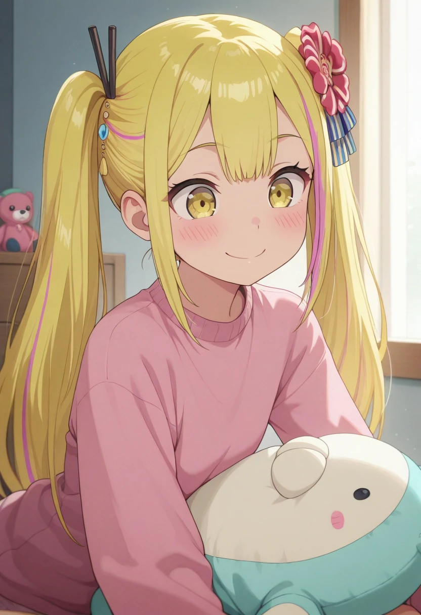 masterpiece,best quality,amazing quality, sara da odin, pink-blonde hair, long hair, yellow eyes, 1girl, smile, solo, stuffed toy, twintails, hair ornament, stuffed animal, streaked hair, blush, hair flower