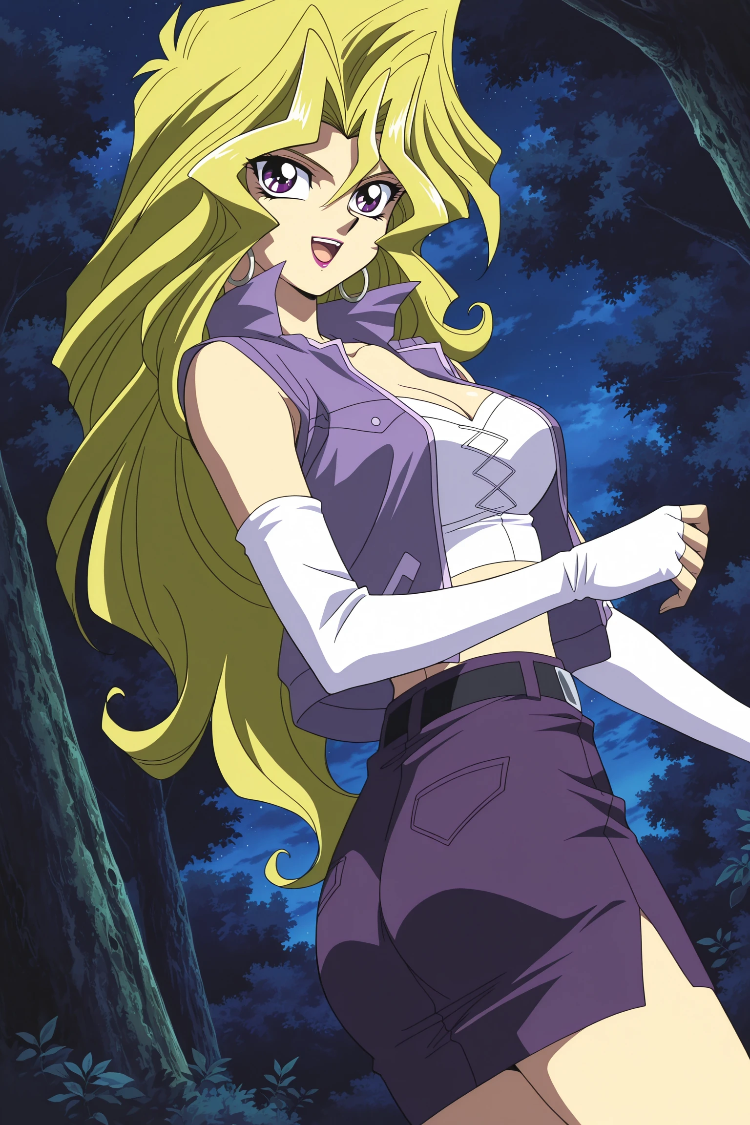 anime screencap, anime coloring, detailed face, masterpiece, best quality, very aesthetic, absurdres, volumetric lighting, official style, amazing quality, ultra detailed, highres, amazing quality, scenery, beautiful detailed hair, beautiful detailed eyes,
retro artstyle,
<lora:Mai_Valentine_Yu-Gi-Oh_-_Illustrious_V2:1>
in a forest, night,
Mai Valentine (character), 1girl, blonde hair, long hair, purple eyes, hair between eyes, medium breasts, collarbone, lipstick, makeup, silver hoop earrings, white crop top, purple jacket vest, cleavage, midriff, white elbow gloves, fingerless gloves, belt, pencil skirt, cowboy shot, sleeveless vest,
cowboy shot, looking back at the viewer, (dutch angle), low angle, from behind, ass, :D,