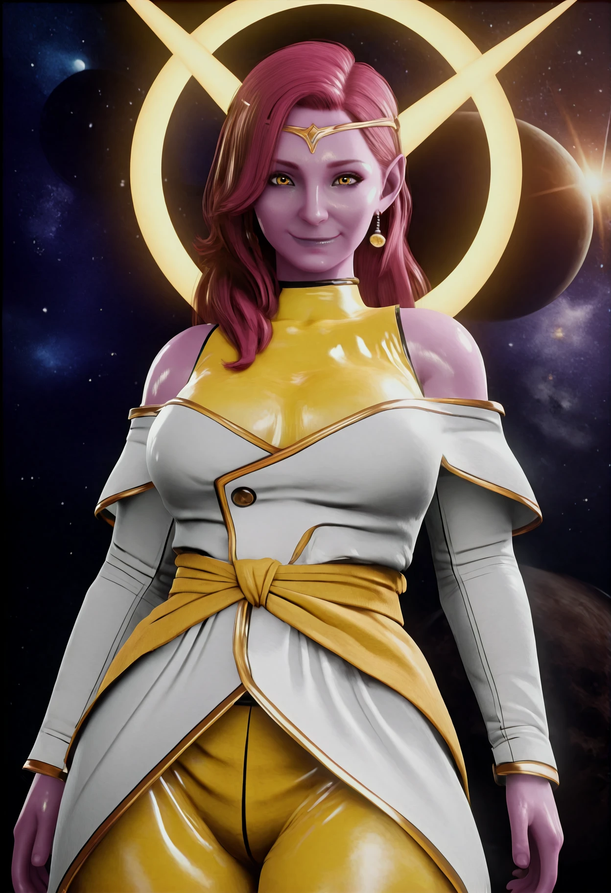 masterpiece, best quality, realistic, shiny skin, dark theme, dark, space, star \(symbol\), star \(sky\), closed mouth, looking at viewer, smile, 1girl, solo, <lora:Chronoa_time_power_unleashed:0.6> chtropnuoa, colored skin, pink skin, long hair, pink hair, circlet, gold circlet, yellow eyes, pointy ears, yellow earrings, potara earrings, tunic, long sleeves tunic, white tunic, bare shoulders, gold trim, gold button, shirt under tunic, yellow undershirt, sleeveless undershirt, high collar, yellow sash, pants, loose pants, yellow pants, large breasts, halo, yellow halo