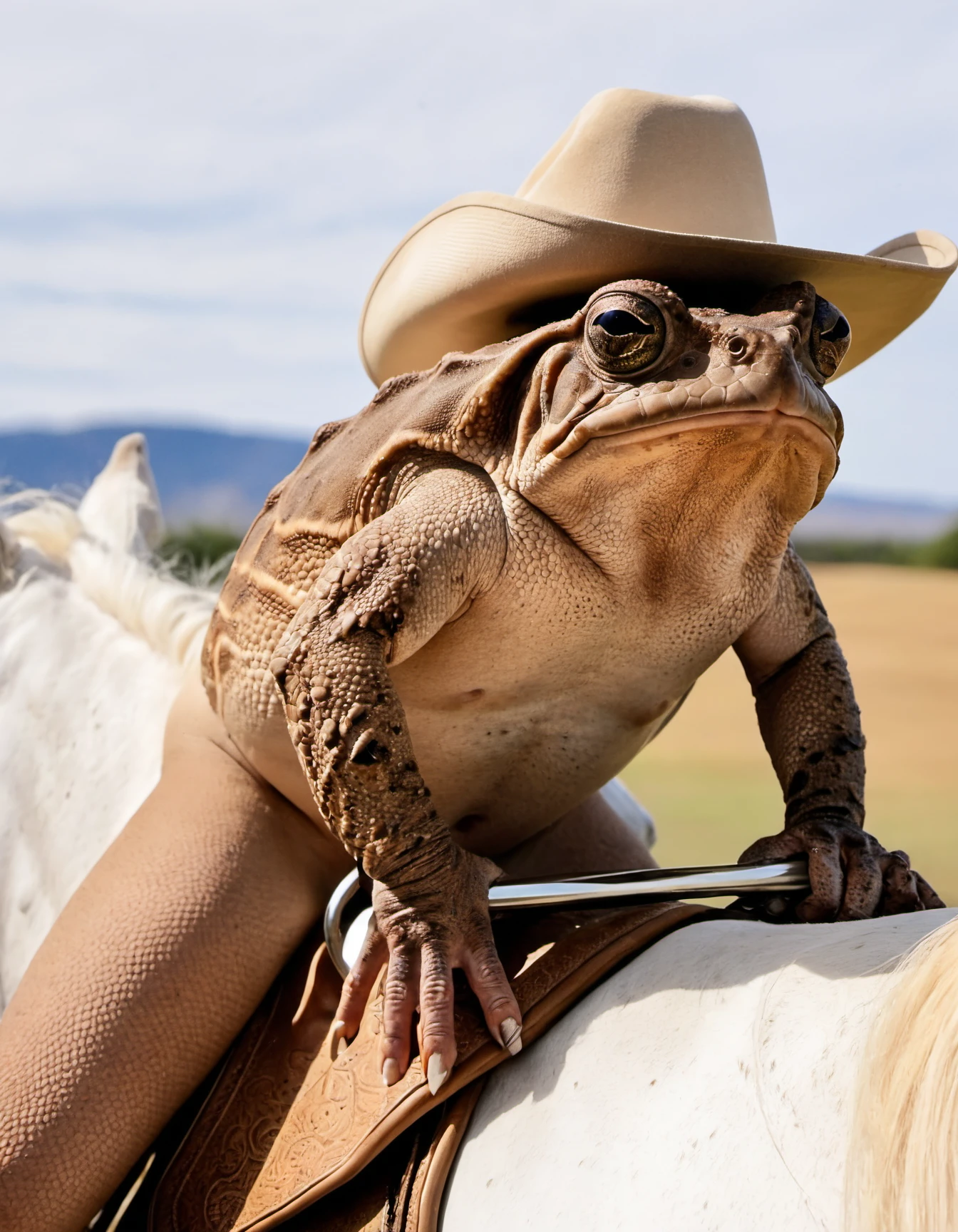 a (brown cane toad:1.6) wearing a cowboy hat is riding a (white horse:1.4), UHD, 8k