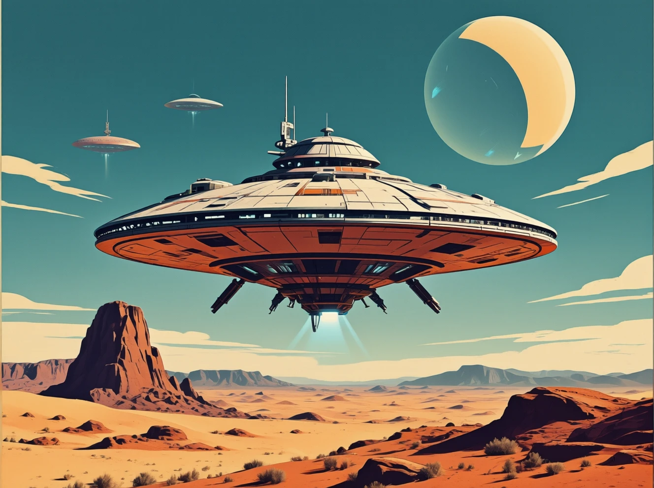Retro poster art style.
An alien spaceship, hovering in the desert.