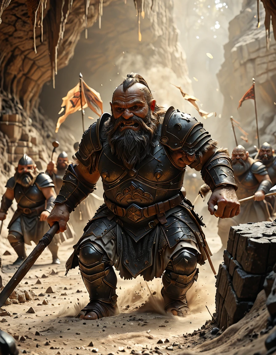 <lora:MW_Dwarven_betaill:1> large cavern training area, dwarves sparring with axes and hammers, armored dwarf warriors clashing, banners flying, torches illuminating stone walls, dust and sweat, epic atmosphere, cinematic fantasy setting, highly detailed armor, dramatic lighting, underground dwarf warrior culture