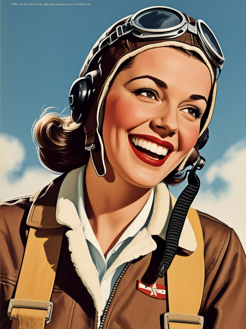 Poster art. A grinning 1950s female pilot.