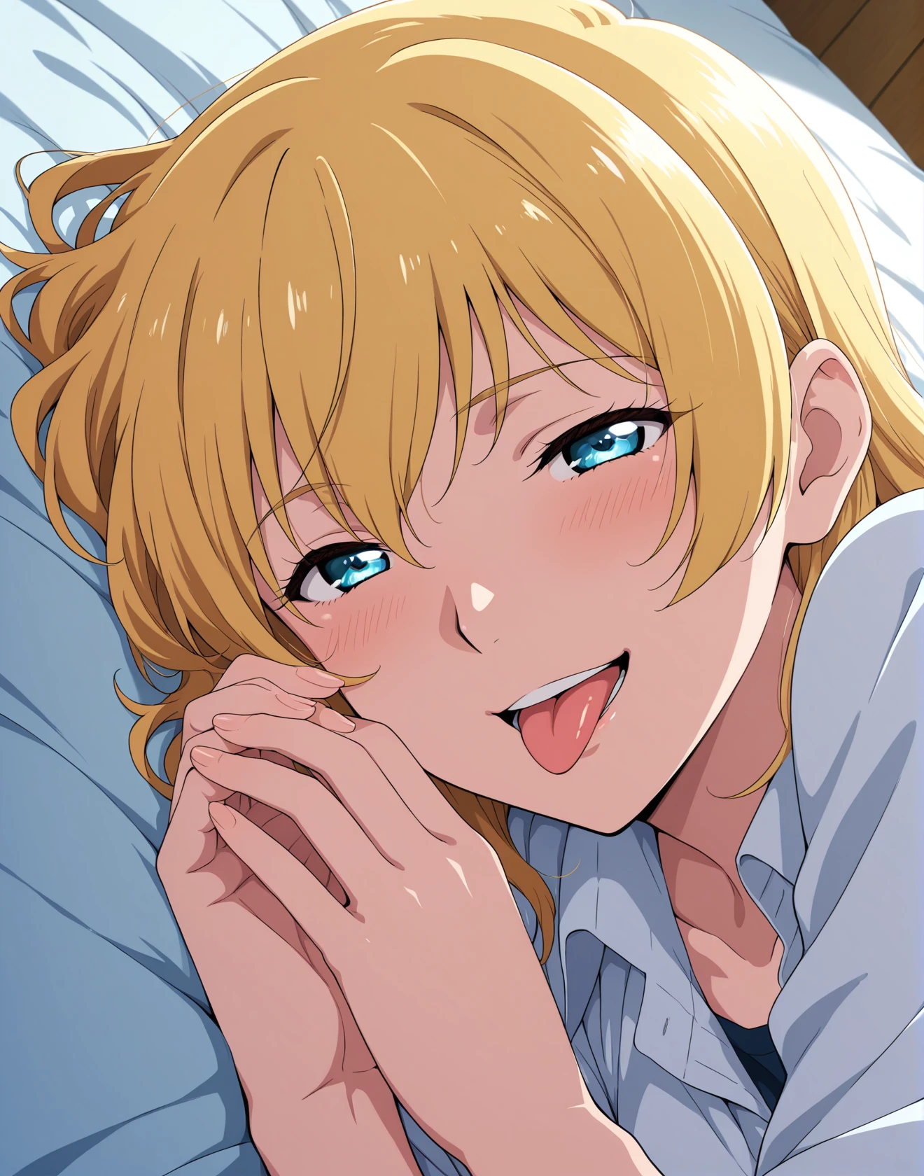 masterpiece, best quality, source_anime, 1girl, solo, blond hair, skirt, shirt, inside, on bed, lying down, smiling, face focus, close up, (((smile, tongue out))), head on side, grin, open mouth,