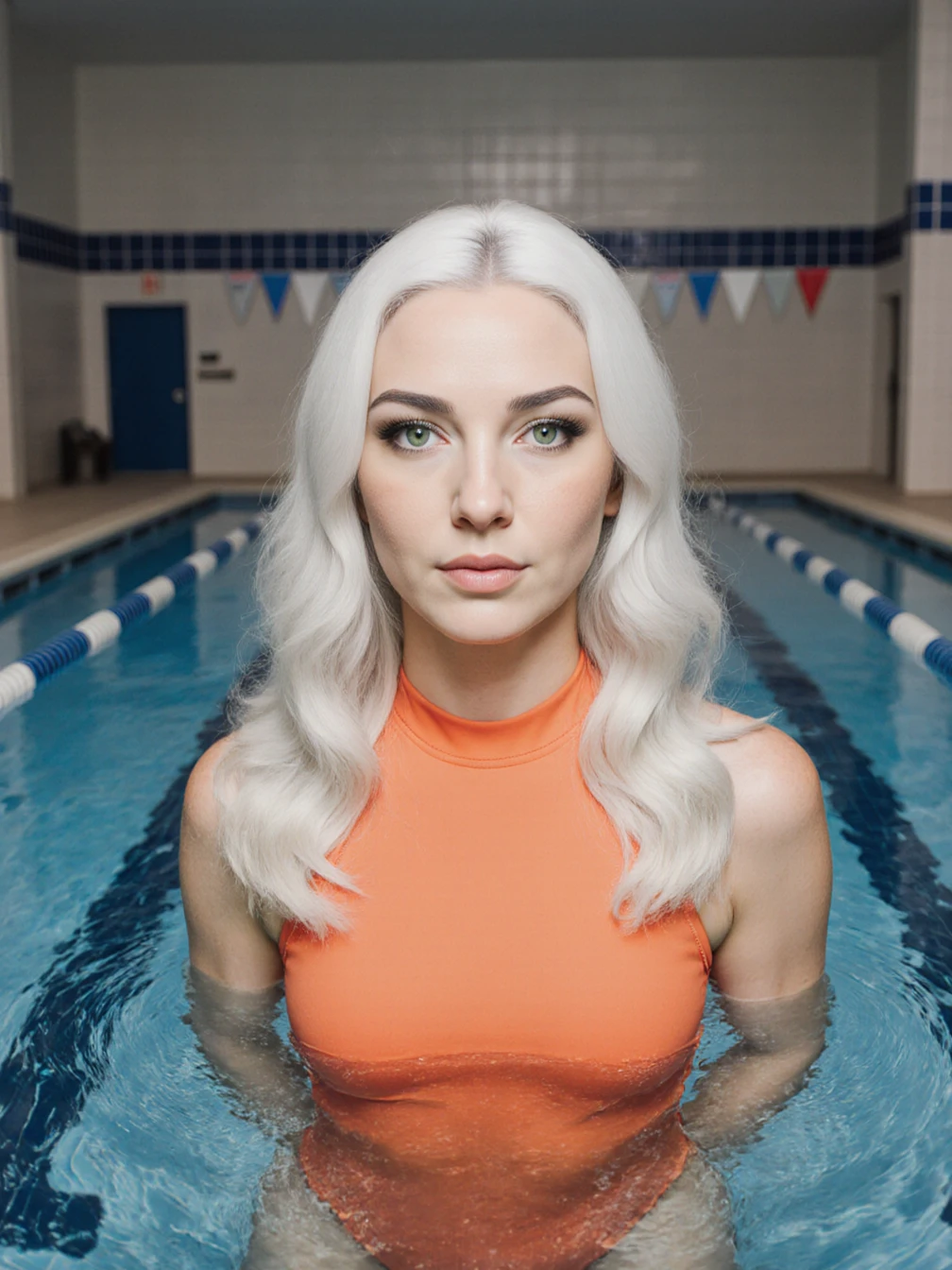 Shelley has long wavy white hair, a narrow jaw, light green eyes, and a petite athletic figure. She is wearing a fancy orange one-piece swimsuit. She is floating in the center of an indoor lap pool with prominent tiled lane lines. The room is clean and bright. Focus on Shelley.