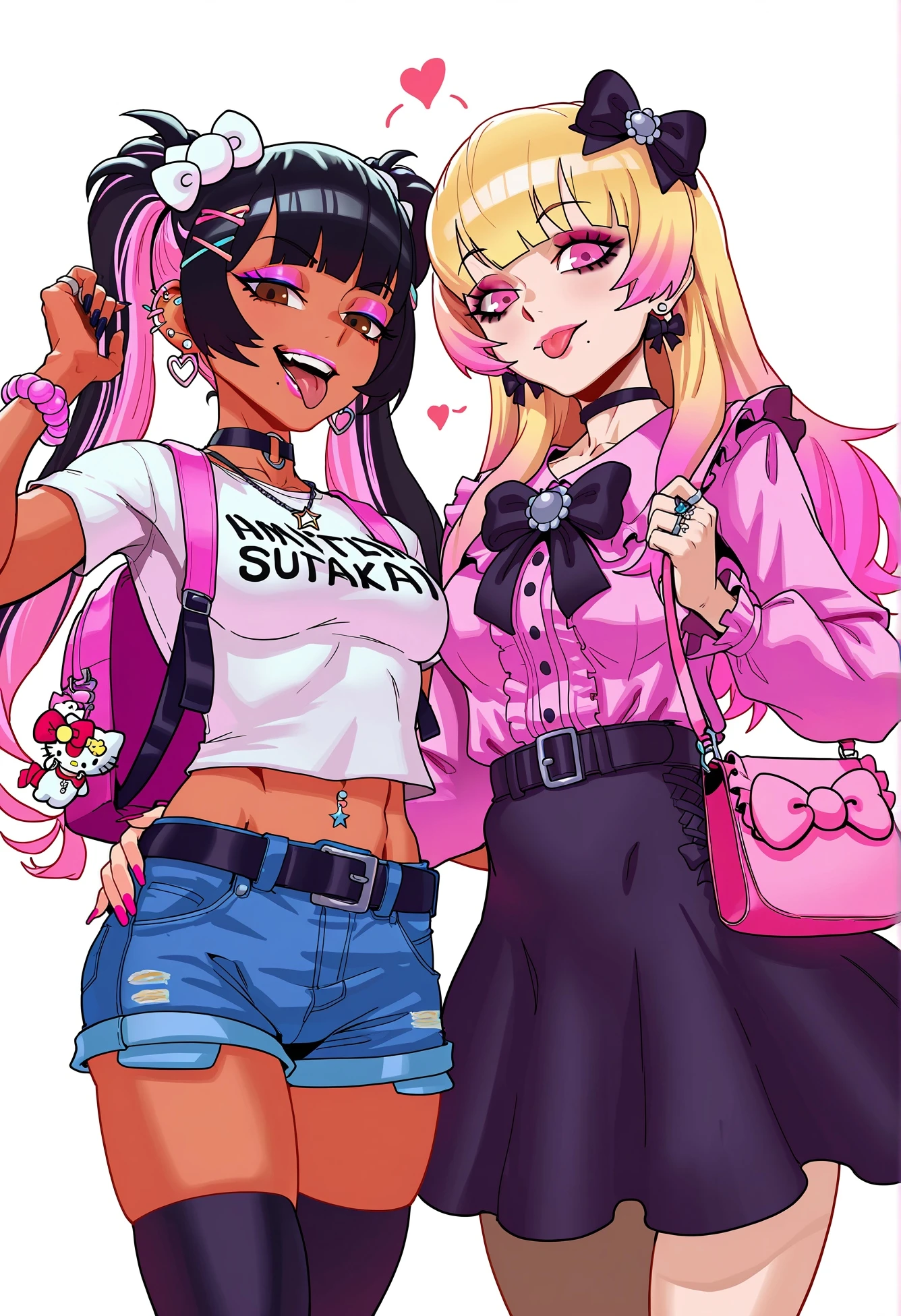 scenery, masterpiece, best quality, high quality, highres, absurdres,(noblood \(ryandomonica\):0.8),(phantom ix row:0.6),vmat,(andava:0.8),tenshio,hentaid \(hentaid_2021\),2girls, aegyo sal, bag, belt, belt charm, black belt, black bow, black bowtie, black hair, black skirt, blonde hair, bow, bowtie, character charm, charm \(object\), clothes writing, couple, crop top, cropped shirt, dark-skinned female, dark skin, denim, denim shorts, fashion, fingernails, flower, gradient hair, gyaru, gyaru makeup, hair flower, hair ornament, hairclip, handbag, hello kitty, hello kitty \(character\), highlighter \(makeup\), highres, jirai kei, korilakkuma, long fingernails, long hair, looking at viewer, midriff, multicolored hair, multiple girls, pink hair, pink shirt, san-x, sanrio, sauvievie0, shirt, shorts, simple background, skirt, standing, tan, tattoo, twintails, very long hair, white background, white shirt, yuri, zettai ryouiki, rating:sensitive, year 2025, newest, breasts, smile, bangs, thighhighs, long sleeves, navel, holding, brown eyes, jewelry, medium breasts, heart, earrings, frills, choker, tongue, hand up, tongue out, blunt bangs, pink eyes, necklace, star \(symbol\), nail polish, mole, bracelet, two-tone hair, hand on hip, short shorts, makeup, holding hands, black choker, piercing, ring, backpack, lipstick, animal print, black nails, mole under mouth, pink nails, shoulder bag, holding bag, wrist scrunchie, navel piercing, pink bag,