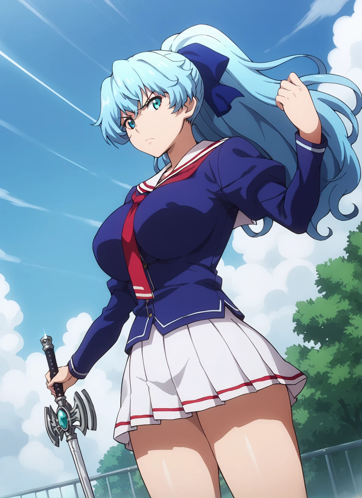 score_9, score_8_up, score_7_up, score_6_up, source_anime, 1girl, solo, sky blue hair, aqua eyes, ponytail, school uniform, serafuku, blue shirt, blue hair bow, pleated skirt, red necktie, Large breasts, large hips, school, holding rapier, charging, action lines, outside, sky, clouds, angry, holding sword rapier, facing forward, close up, <lora:Kinua_Garret_-_Maken_ki:0.8>