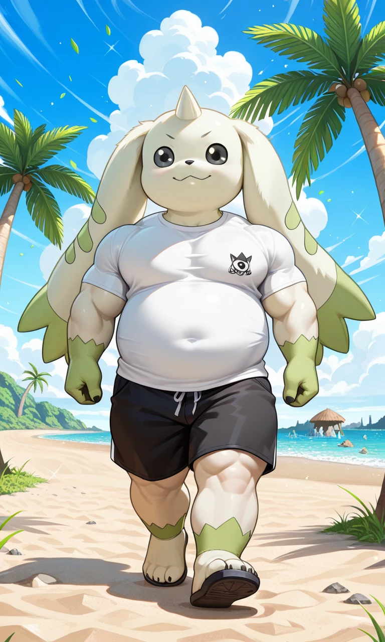 ((full body, alone)), digital beach, palm tree, pixels, cracked sky, Terriermon_(Digimon), anthro digimon, green-white fur, Two-tone one, one small horns, black eyes, long floppy ears, green tip ears, walking, ((black shorts, white T-shirt)), chubby, muscles