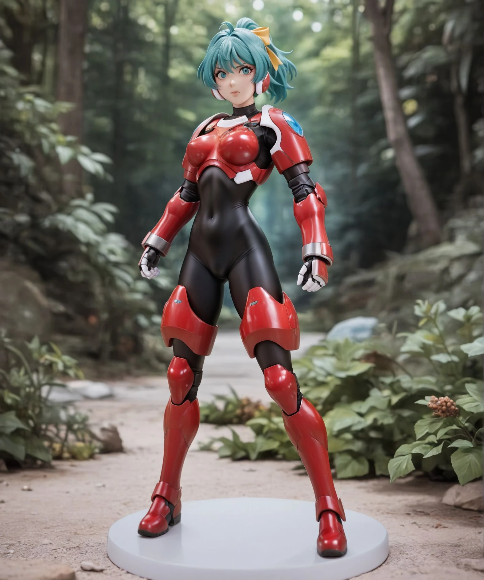 masterpiece, absurdres,amazing quality, best quality, detailed background, 8k,
<lora:add-detail-xl:0.5>
<lora:real_figure_style:0.8>realfigure_style,
1girl, solo,breasts, full body, display base,
jewelry, diorama background , nature lighting,day,
miniature background,bokeh background,
<lora:MFmikuILV1:0.8> MFmiku, aqua hair, aqua eyes, ponytail,yellow hair ribbon,
black bodysuit, red armor,red breasts armor,long mecha arms,long mecha boots,