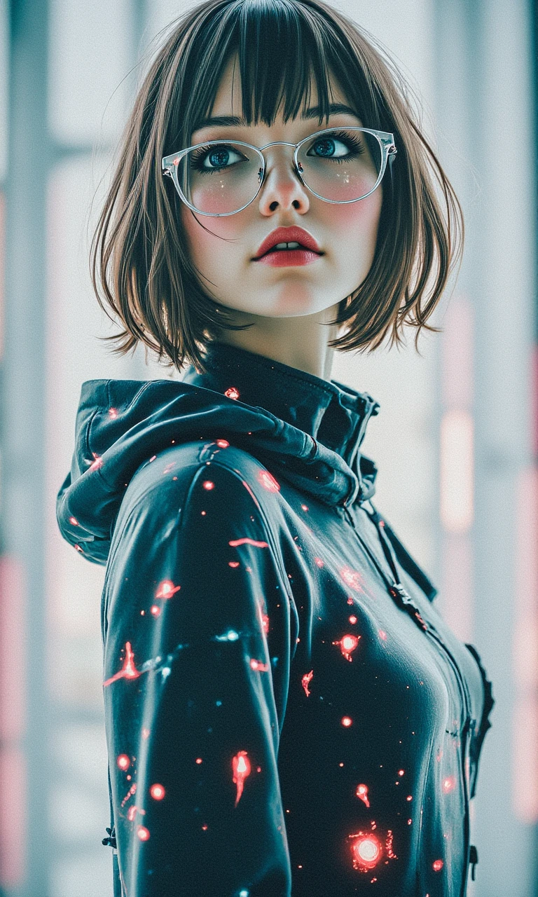 LookDaal,
a woman wearing glasses and a futuristic outfit standing in front of a city skyline. The background is slightly blurred, giving the image a dreamy, ethereal feel.