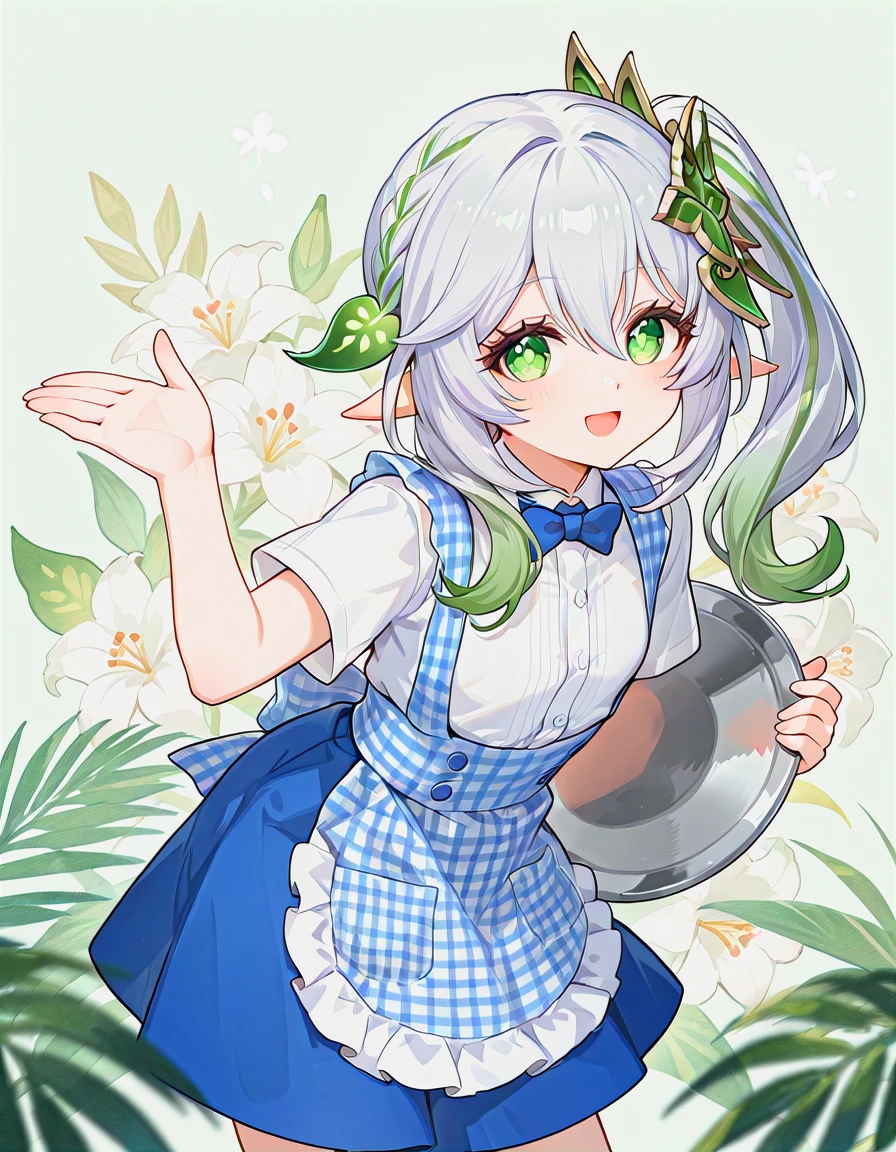 masterpiece, best quality, anime coloring, contrapposto, <lora:LECO_BadHands:1>, <lora:eyelashext_v10:0.6>, <lora:thick_eyelashes_illustrious_20K-000017:0.45>, thick eyelashes, lipgloss, [photo background::0.5], blurry foreground BREAK 1girl, nahida \(genshin impact\), alternate costume, kobeya uniform, short sleeves, blue suspender skirt, apron, leaning forward, smile, open mouth, holding tray, cowboy shot, standing, simple background, floral background, hand up, welcome, palm, <lora:welcome:0.6>