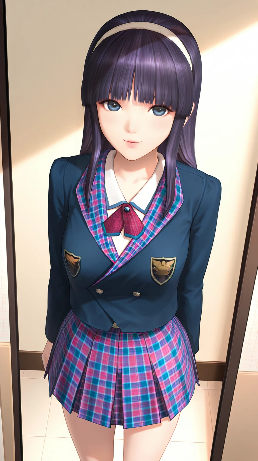 masterpiece,best quality,absurdres,1girl,solo,<lora:Rika_illust01_loha:0.9>,purple hair,long hair,hime cut,blue eyes,blunt bangs,hairband,school uniform,plaid skirt,plaid,looking at viewer,