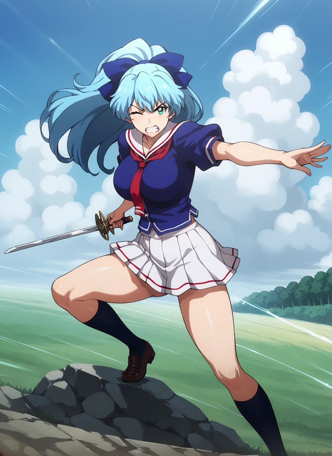 score_9, score_8_up, score_7_up, score_6_up, source_anime, 1girl, solo, sky blue hair, aqua eyes, ponytail, school uniform, serafuku, blue shirt, blue hair bow, pleated skirt, red necktie, , large , dust storm, field, battlefield, holding rapier, action lines, outside, sky, clouds, angry, clenched teeth, holding sword rapier, looking at viewer, on one knee, battoujutsu stance, fighting stance, ripped clothes, full body, black socks, loafers, struggling, one eye closed, <lora:Kinua_Garret_-_Maken_ki:0.8>