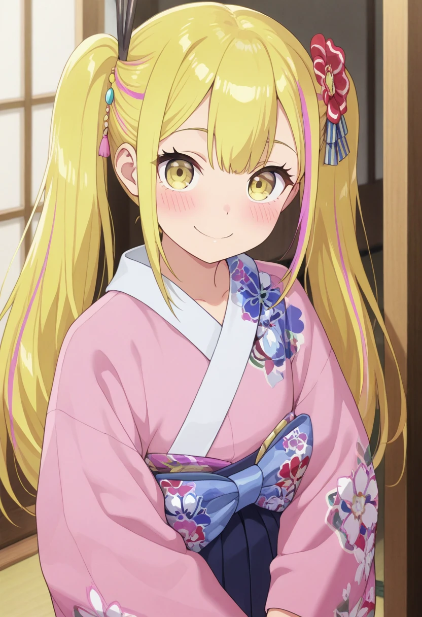 masterpiece,best quality,amazing quality, sara da odin, pink-blonde hair, long hair, yellow eyes, 1girl, twintails, solo, smile, hair ornament, blush, streaked hair, japanese clothes, looking at viewer, kimono, floral print