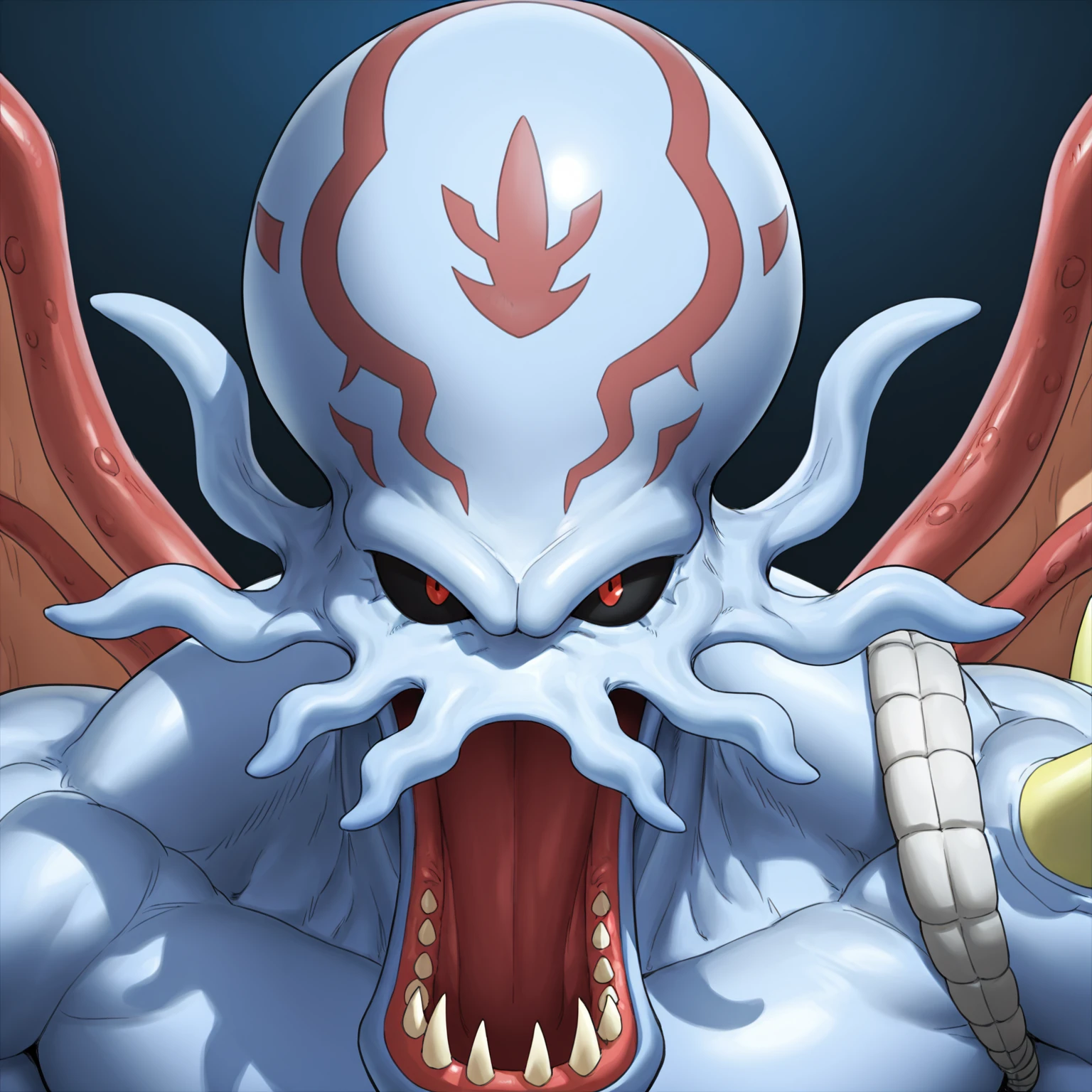 masterpiece, best quality, perfect quality, score_9, score_8, detailed anatomy, perfect anatomy, 1boy, male, solo, no humans,D4G0M0n,blue skin,black sclera,red eyes,red marks,Cephalopod,digimon_\(creature\),tentacles_\(anatomy\), 3/4 angle shor, wide open mouth,frown ,justmegabenewell, bara, muscular, close-up, wings