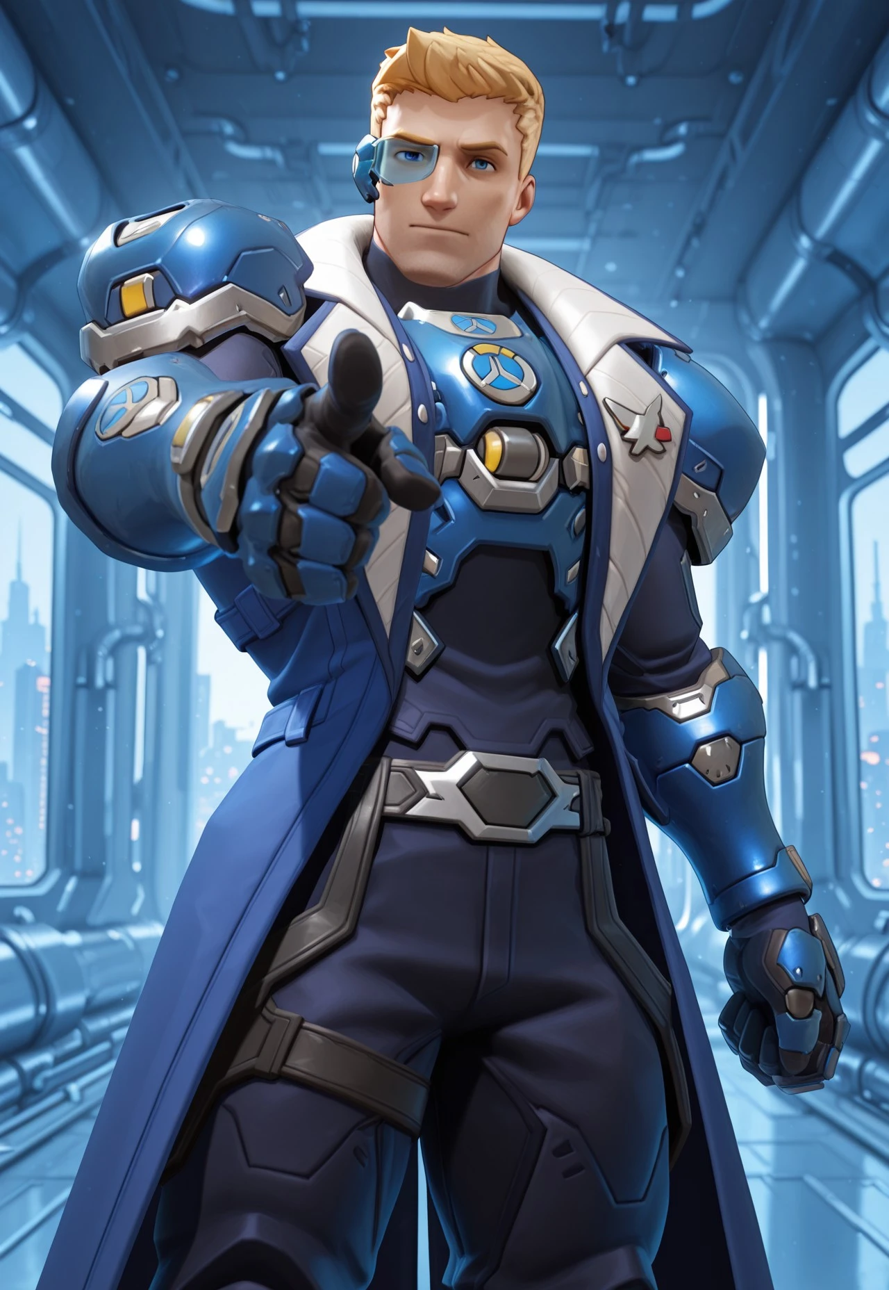 3d, realistic, (1boy, soldier: 76 \(strike commander morrison\) \(overwatch\), jackm, short hair, blonde hair, blue eyes, sideburns, quiff), (masculine, muscular, bara, himbofication, broad shoulders, big arms, large pectorals, small waist, v-taper, thick thighs, curvy body, (scouter, blue chestplate, armor, blue pauldron, long sleeves, blue gauntlets, blue trench coat, long coat, dark blue pant), cowboy shot, futuristic scenery, dynamic pose, pointing at viewer, dynamic action, very awa, masterpiece, best quality, absurdres, detailed background, newest, perfect quality, intricate details