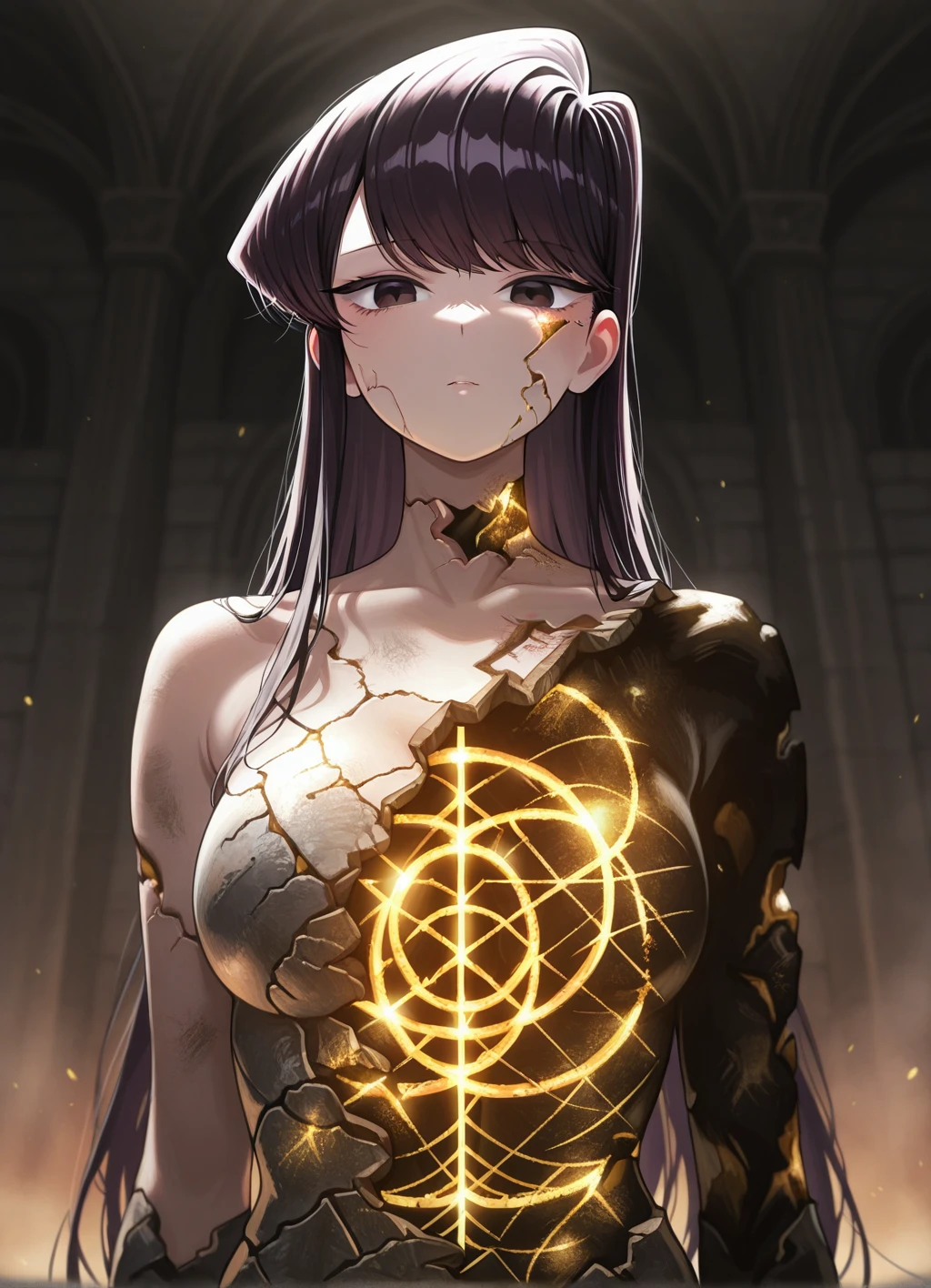 masterpiece,best quality, radagon, solo, 1girl, komi shouko, cracked body, hole in chest, glowing elden ring (symbol), <lora:radagon:1>,looking at viewer,