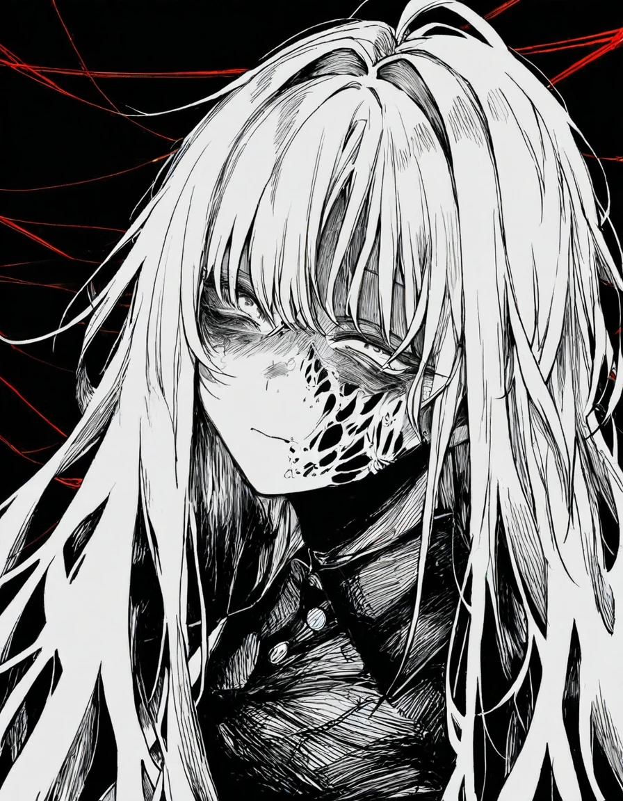 <lora:XmutsixV2:1>,x1mtxsx,1girl,red lines,solo,monochrome,greyscale,long hair,black background,lazypos_1733353,