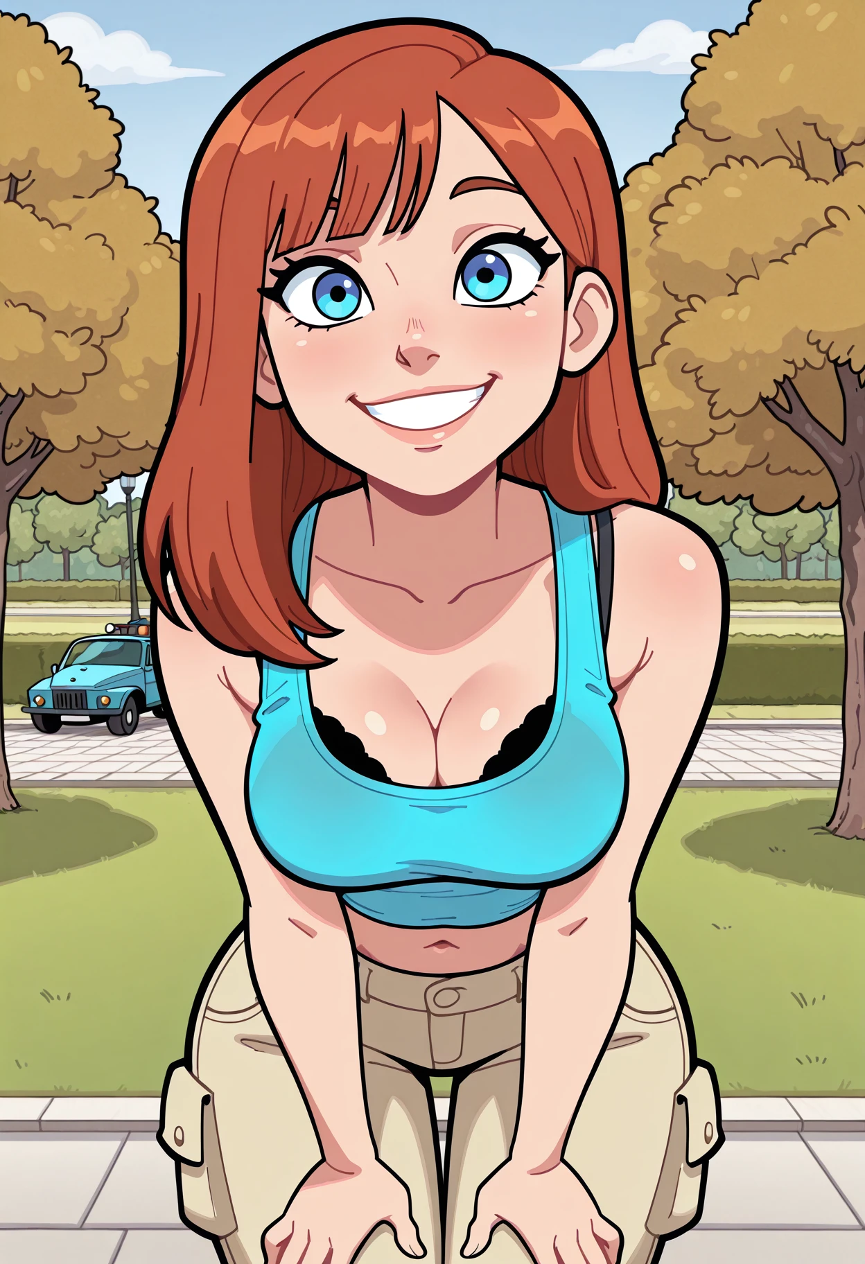 comicbook style, masterpiece,high detailed,hyper-detailed,best quality,amazing quality,absurdres,newest,(1girl),solo,medium breasts,blue eyes,auburn hair,medium length hair,side part,side bangs,straight hair,smile,cleavage,(light_blue_tank_top, open_neck),bare_midriff,flat_midriff,navel,black bra visible,beige cargo pants,bent over,hands on thighs,close-up,perspective,face focus,detailed background,morning,park,looking at viewer,