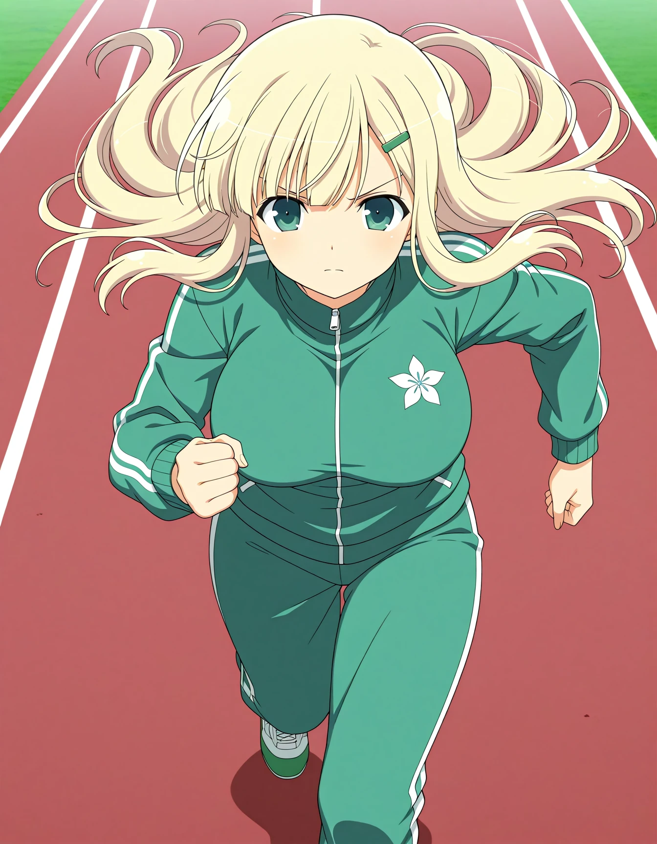 <lora:A dmd2-lighting8step_cfg1.5:1>,official style,masterpiece,best quality,very aesthetic,absurdres,newest,anime coloring,anime screencap,anime style,<lora:SK Yomi_(Senran_Kagura)v1:1>,yomi \(senran kagura\),green eyes,blonde hair,long hair,green hairclip,large breasts,green track suit,green track jacket,green track pants,track shoes,serious,running,