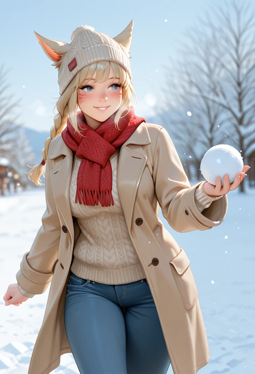 skaira, miqo'te,
beanie, knit_sweater, wool_coat, jeans, scarf,
outdoors, snow, winter,
smile, (blush:1.1),
throwing_snowball, snowball, holding_snowball,