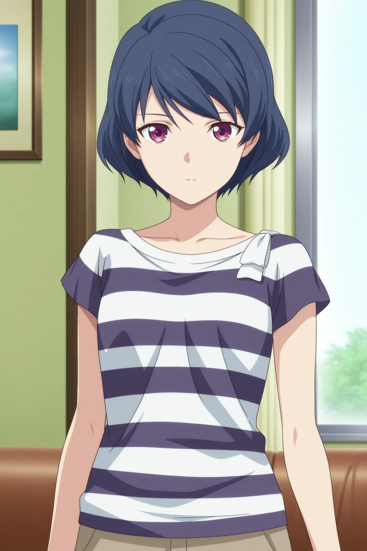 masterpiece, best quality, amazing quality, highres, absurdres, very aesthetic, high resolution, ultra detailed, perfect details, 1girl, solo, indoors, living room, day, tachibana rui, short hair, blue hair, choppy bangs, purple eyes, short sleeves, striped shirt, white bow, brown shorts, purple footwear, <lora:Rui_Tachibana_ILXL:0.8>, (upper body), looking at viewer, (anime coloring:1.2), standing, (pose:1), expressionless, shy