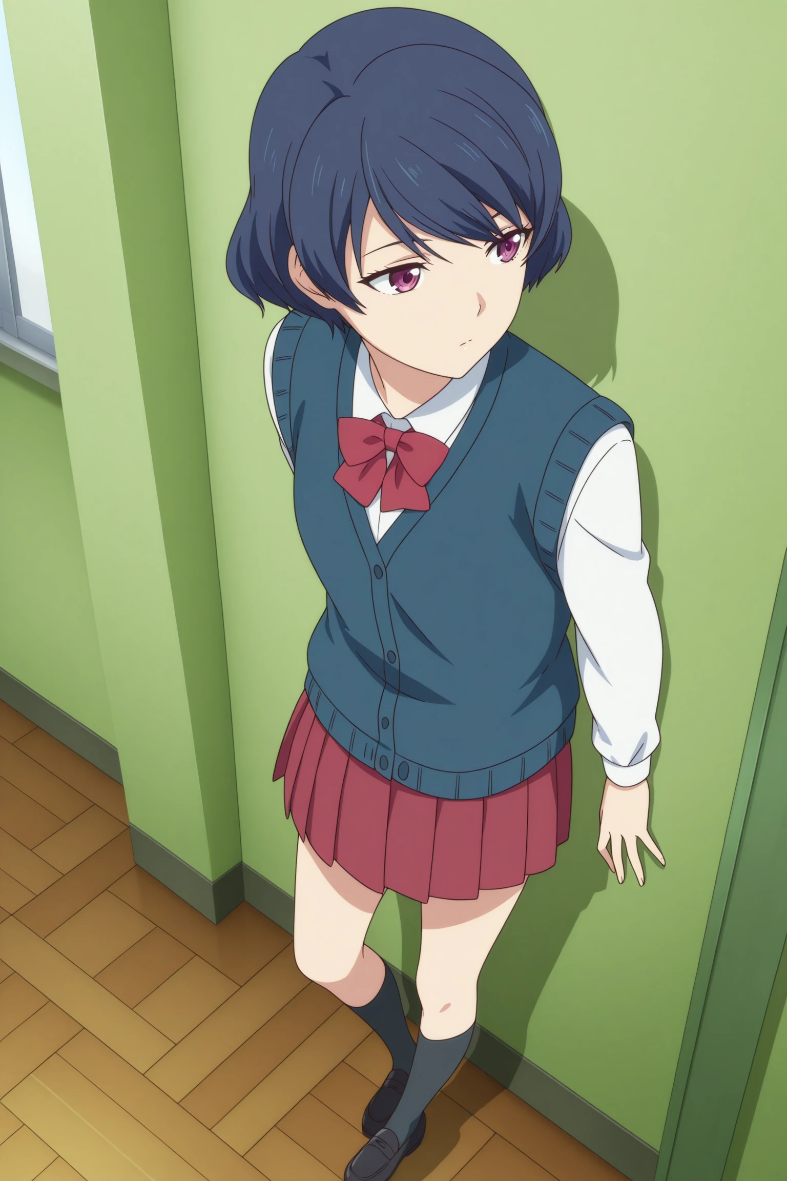 masterpiece, best quality, amazing quality, highres, absurdres, very aesthetic, high resolution, ultra detailed, perfect details, 1girl, solo, indoors, classroom, day, tachibana rui, short hair, blue hair, choppy bangs, purple eyes, long sleeves, white shirt, collared shirt, red bowtie, blue vest, cardigan vest, untucked shirt, red skirt, pleated skirt, black socks, kneehighs, black footwear, loafers, <lora:Rui_Tachibana_ILXL:0.8>, (full body), looking away, (anime coloring:1.2), standing, leaning, against wall, pose, expressionless