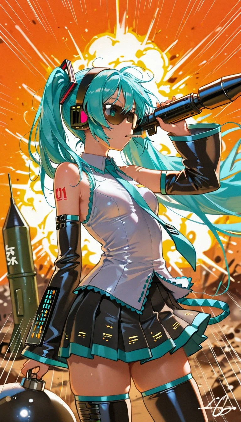 mikoart99, film grain, masterpiece, amazing quality, very aesthetic, absurdres, 8K, depth of field, focused subject, best quality,newest, absurdes,  , 1girl, solo, 1girl, solo, Hatsune miku, {hatsune_miku_illustrious, long_hair, aqua_hair, twintails, aqua_eyes, small_breasts, arm_tattoo, wearing signature outfit and headphones, long turquoise twintails, white shirt, collared shirt,bare shoulders,sleeveless shirt,aqua necktie,detached sleeves,black sleeves,shoulder tattoo,fringe,black thighhighs,miniskirt,pleated skirt,zettai ryouiki,thigh boots sunglasses}, holding Rpg-7, arm up, Rpg-7, rpg_\(weapon\), shouldered, aiming, , (b0mb, riding bomb, missile), orange sky, wind, apocalypse, cowboy shot, emphasis lines, desolated background, explosion in back, solo, 1female, female focus Break High_Resolution_Textures, (stunning design:1.2), (stunning concept design), Intricately_Detailed_design, Legendary_masterpiece, ultra_soft_texturing, Complex_texturing, Legendary_Details, Full_Color_scheme, Detailed_color_scheme, Complex_details, Cig in mouth, gun in hand, smoking,GirlRindingBomb, riding bomb