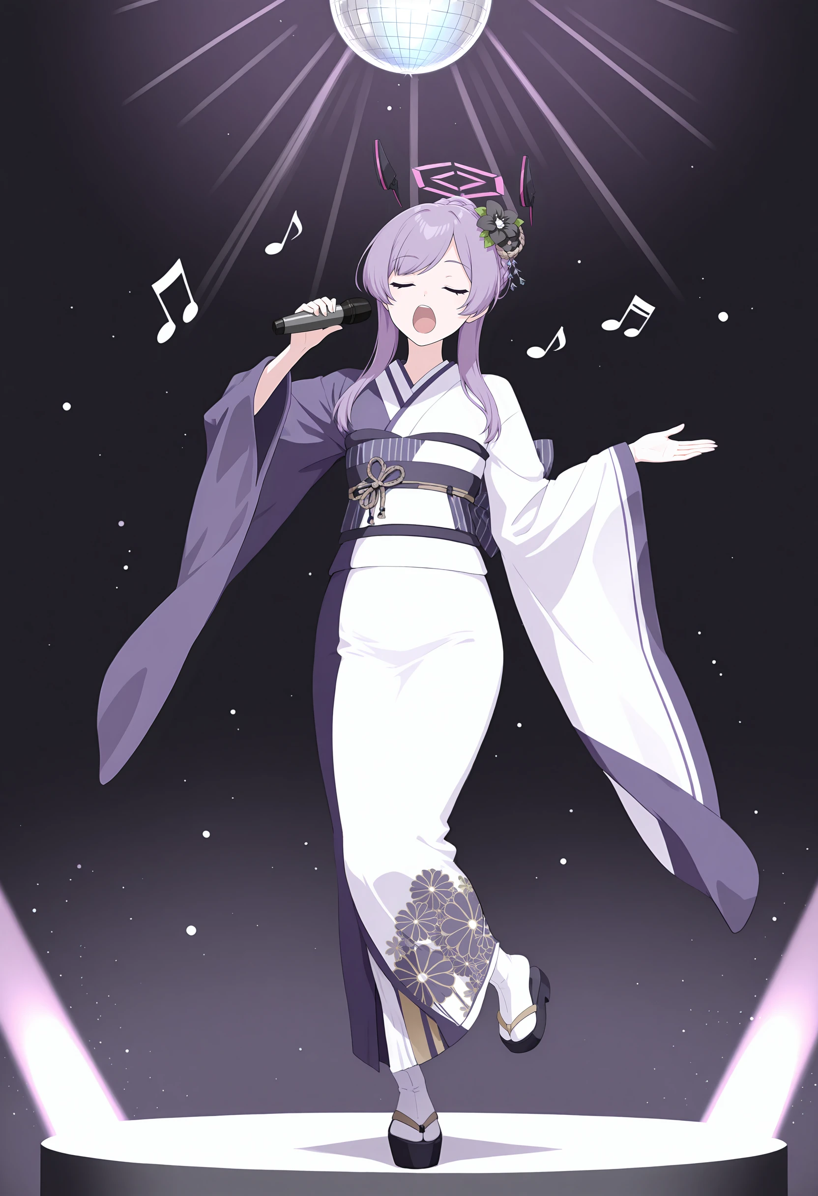 masterpiece, best quality,
1girl, solo, <lora:UtahaILv7-000014:1>, ut4idol, short hair, purple hair, braided bun, swept bangs, pink halo, floating headgear, hair flower, black flower, hair ornament,
purple kimono, white kimono, two-tone kimono, long wide sleeves, obi, obijime, obiage, floral print, white tabi, black okobo, full body,
standing on one leg, holding microphone, microphone, singing, open mouth, facing viewer, closed eyes, musical note, emphasis lines, outstretched hand,
black background, disco ball, light particles, spotlight, purple theme,