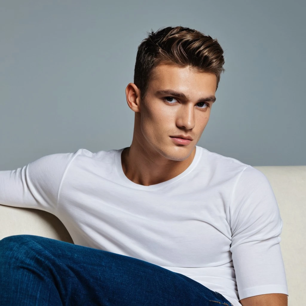 cinematic film still photo of a 25 yo male model, head and upper body, mid range shot, studio, sitting on sofa, blue jeans, white shirt, fashion photoshoot, hyperdetailed photography, chiseled jawline