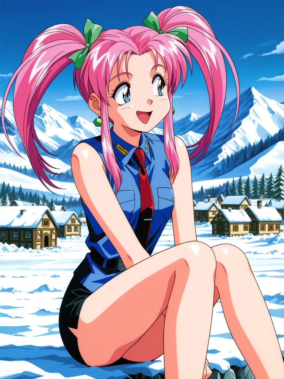 masterpiece, best quality, amazing quality, very aesthetic,<lora:illustriousXLv01_stabilizer_v1.152:0.5>, <lora:StS-Illustrious-Detail-Slider-v1.0:0.7>, <lora:reduce_wrinkles_illstriouosv0.1_ADDifT_2_in_1_v1.2:0.8>,  1girl, absurdres, nsfw, giggling, knees up , cowboy shot,  looking to the side,
snowy,village,mountains,dawn,pines
, <lora:lilica_ill_fw:1>  lilica_ill_fw, twintails, pink hair, long hair, blue eyes, sidelocks, ribbon, necktie, jewelry,  earrings,  pencil skirt, uniform, sleeveless, 1990s \(style\),  <lora:Yamashita_Toshinari_style_Illustrious_FW:0.3> ytfw