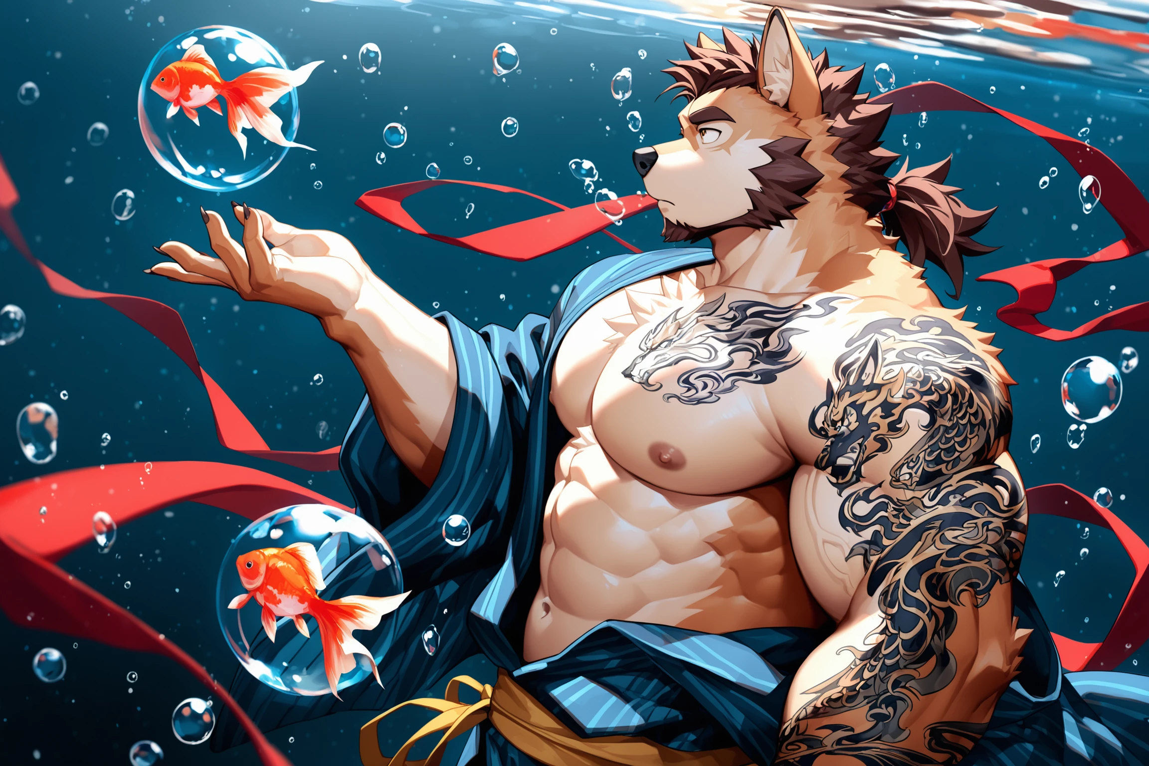 masterpiece,best quality,very awa,ultra-detailed,absurdres,huge filesize,
perfect anatomy,good hands,
(bara:1.2),muscular,muscular male,male focus,(large pectorals:1.1),furry male,1boy,furry,abs,facial hair,beard,nipples,tattoo,goldfish,mature male,bare pectorals,from side,solo,thick eyebrows,dog boy,short hair,shoulder tattoo,ponytail,dog ears,full beard,arm tattoo,strongman waist,looking ahead,brown hair,goatee,japanese clothes,kimono,open clothes,open kimono,hadanugi dousa,topless male,thick arms,veiny arms,underwater,surreal,very beautiful,floating object,dreamlike,kaza,(wind_chime:0.8),floating scarf,
<lora:Kombagavad_gita_V3.3_Glittering_gravel:0.9>,